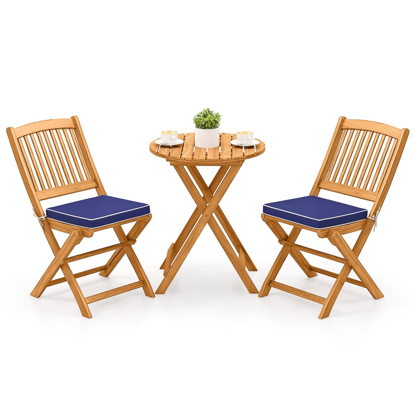 3 Pieces Acacia Wood Patio Folding Bistro Set with Soft Cushions