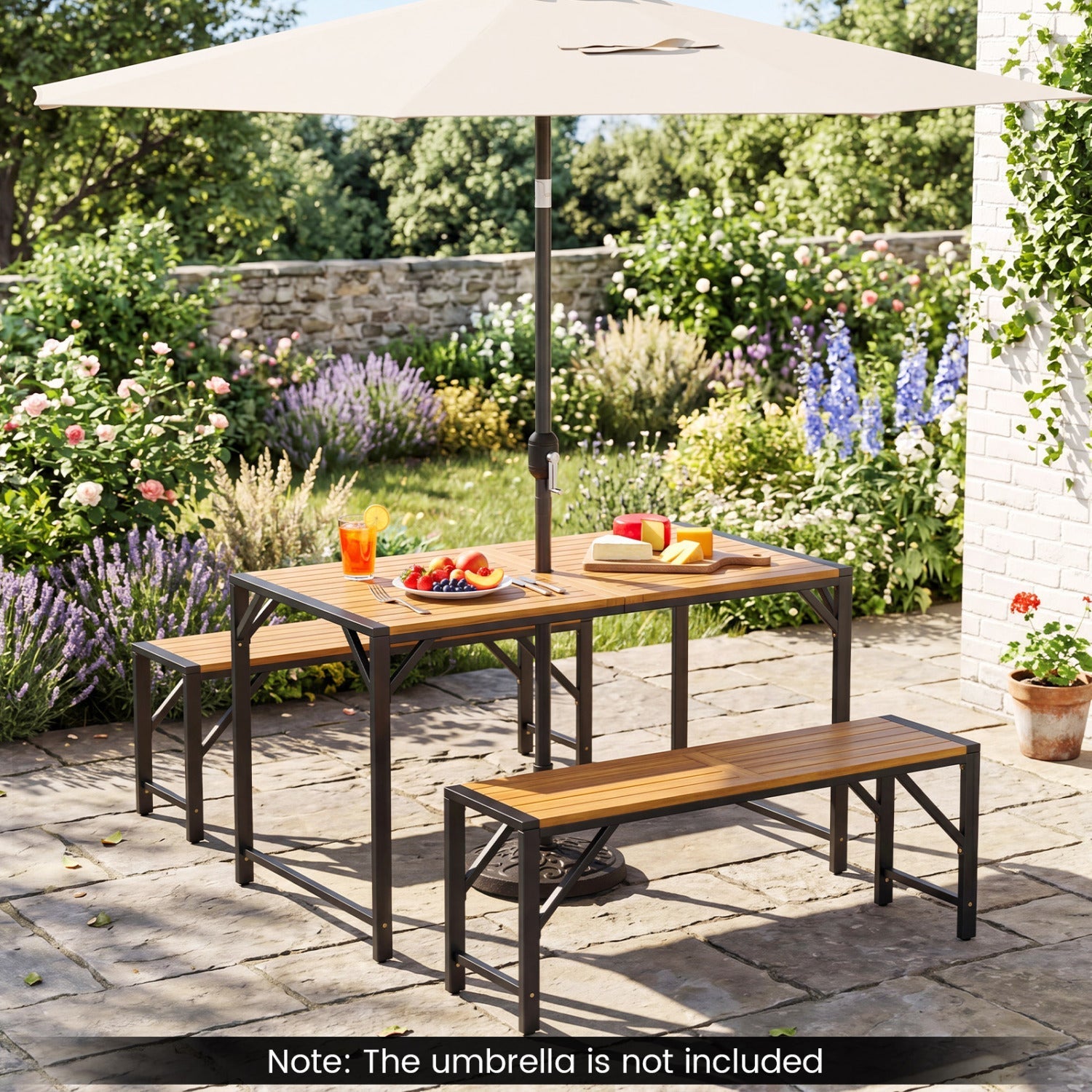 Acacia Wood Outdoor Bench Set of 2, 47.5" Slatted Seat