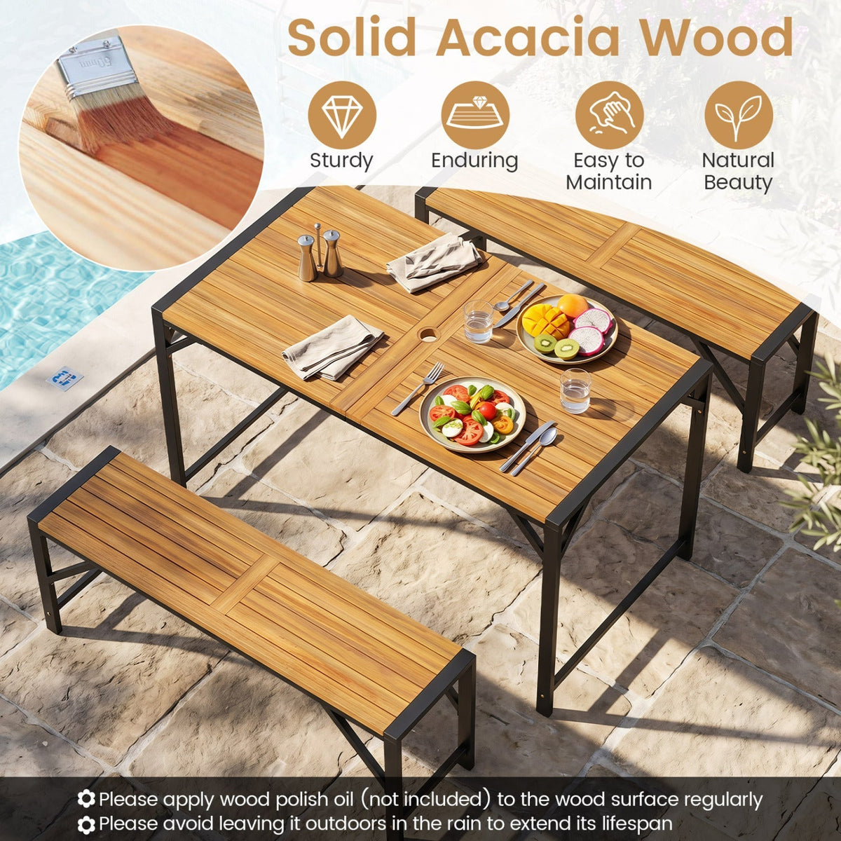 Acacia Wood Outdoor Bench Set of 2, 47.5" Slatted Seat