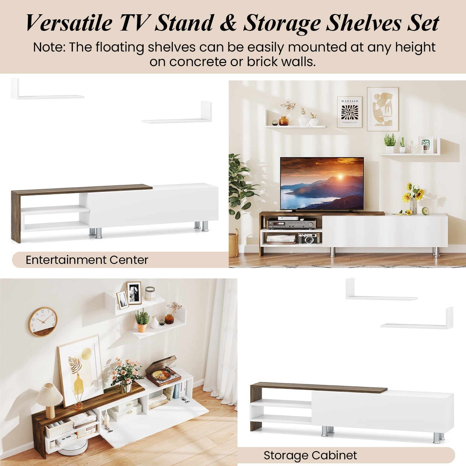 3 Pieces Farmhouse TV Stand for TVs up to 80 Inch with Cabinet and Compartments-White