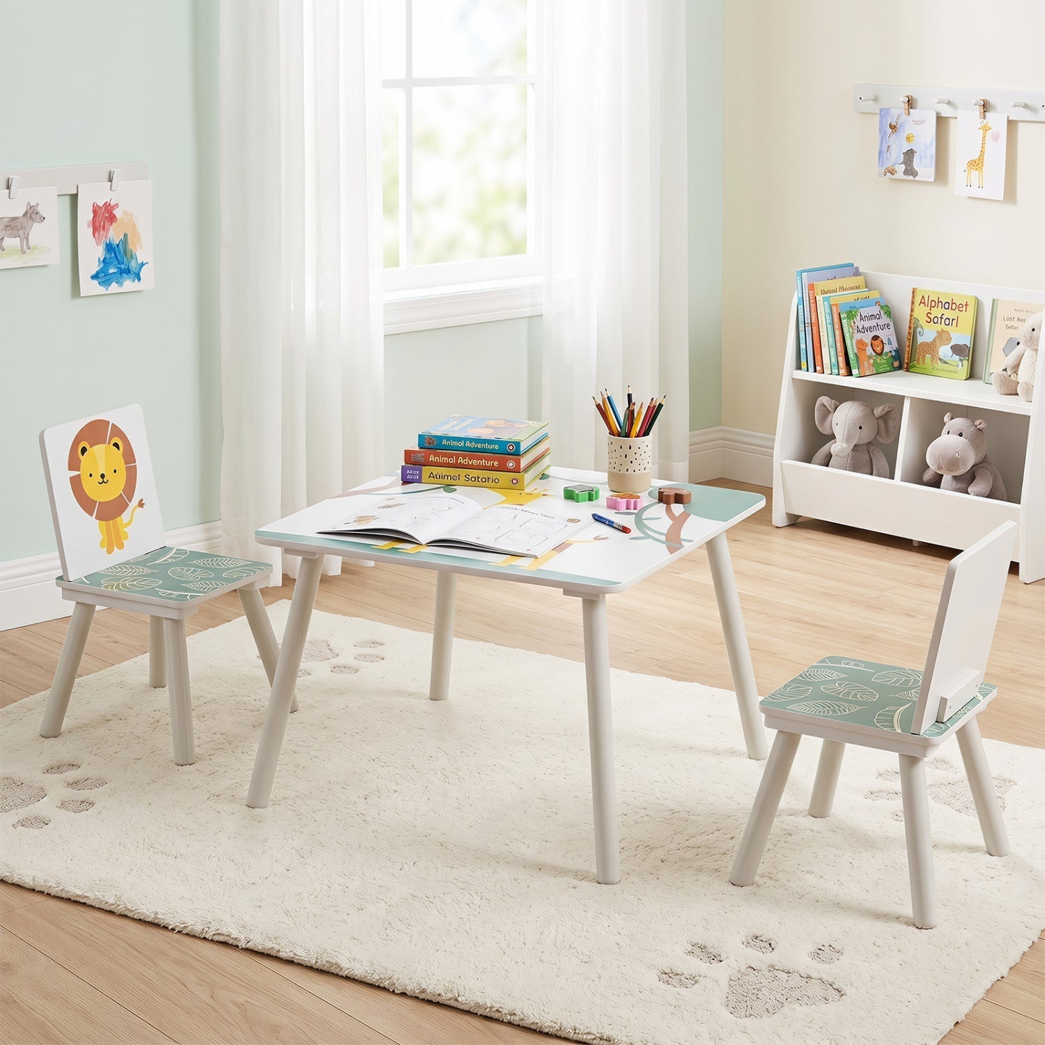 Kids Table and Chair Set with Animal Patterns (3-Piece)