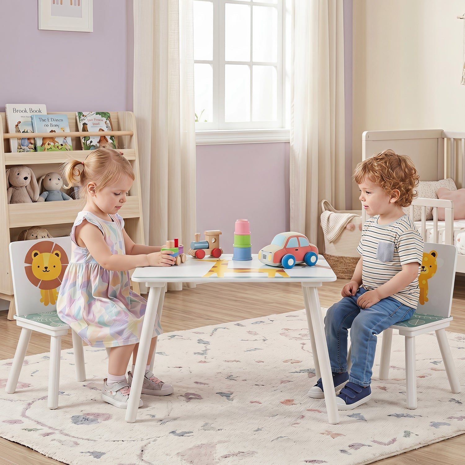 Kids Table and Chair Set with Animal Patterns (3-Piece)