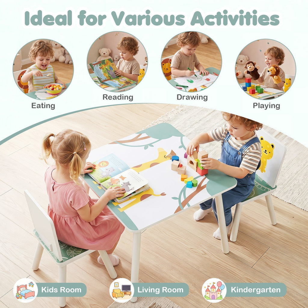 Kids Table and Chair Set with Animal Patterns (3-Piece)