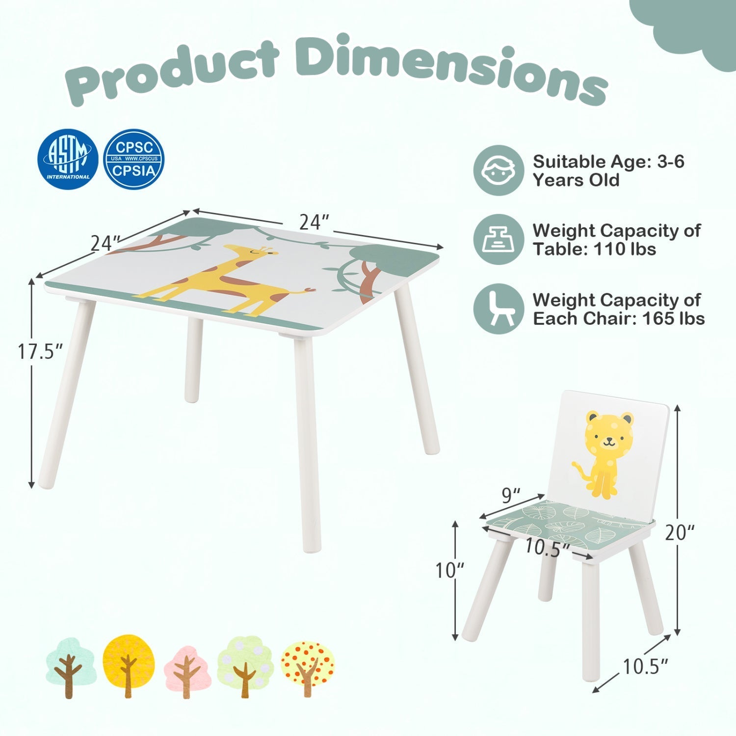 Kids Table and Chair Set with Animal Patterns (3-Piece)