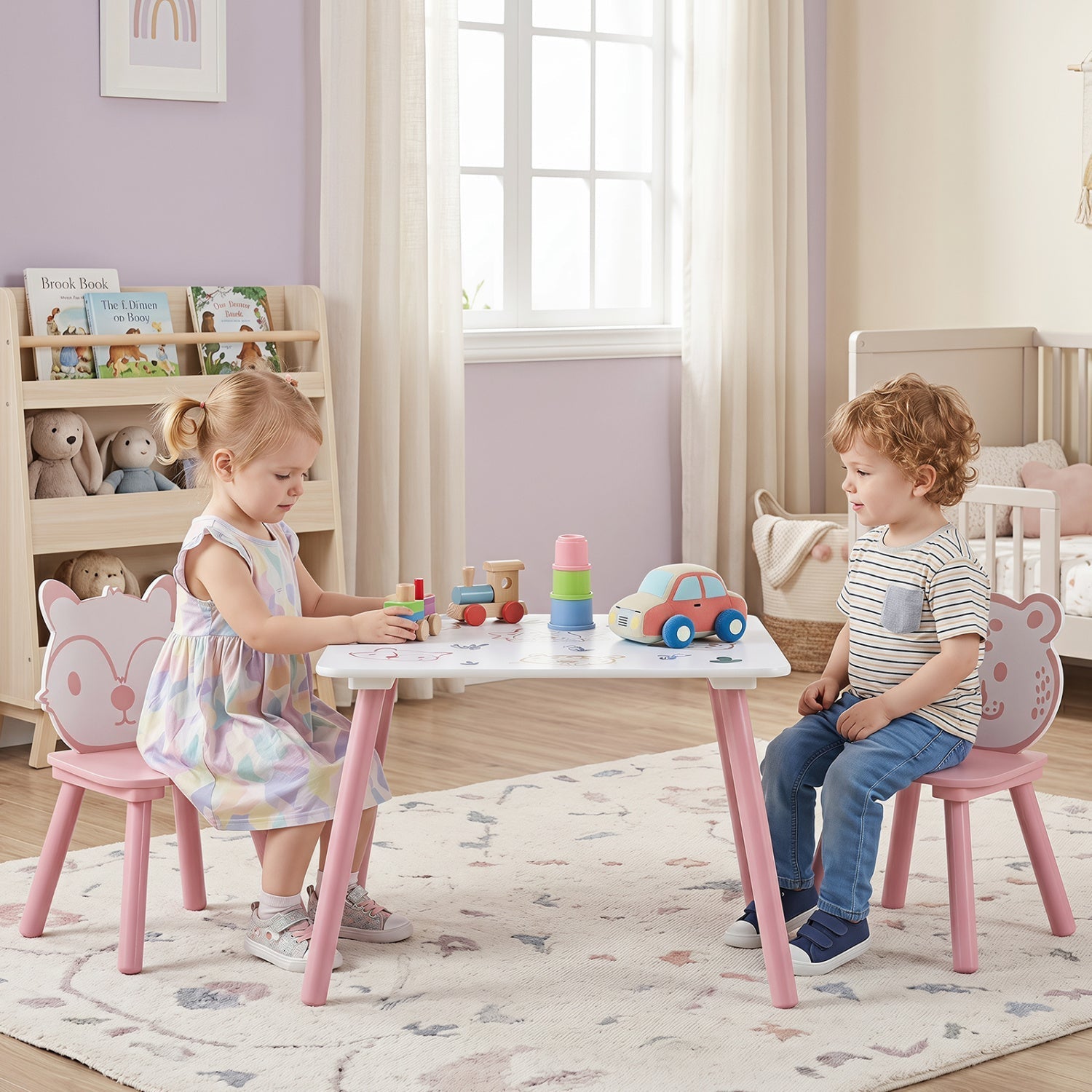 Kids Table and Chair Set with Animal Patterns, 3-Piece