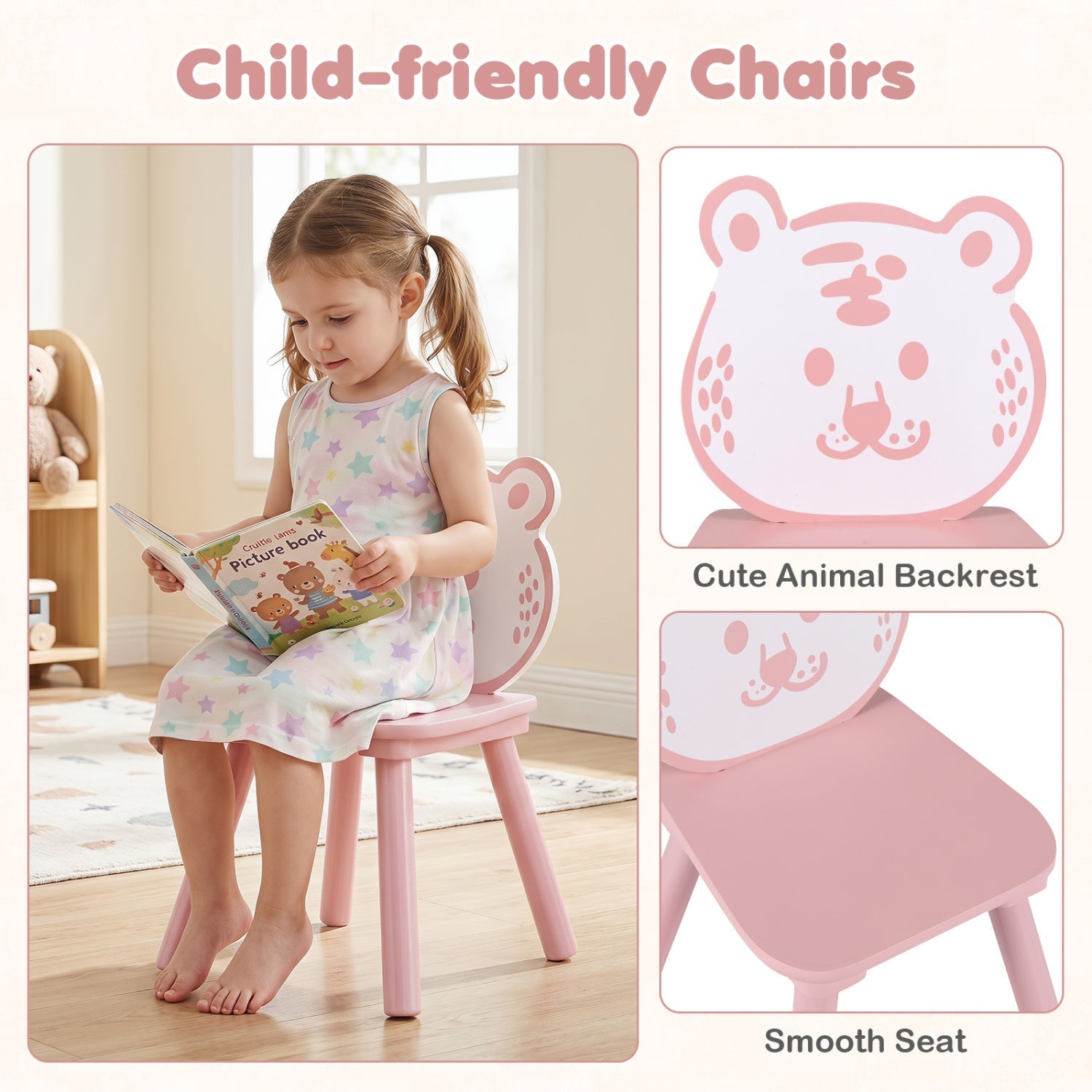 Kids Table and Chair Set with Animal Patterns, 3-Piece