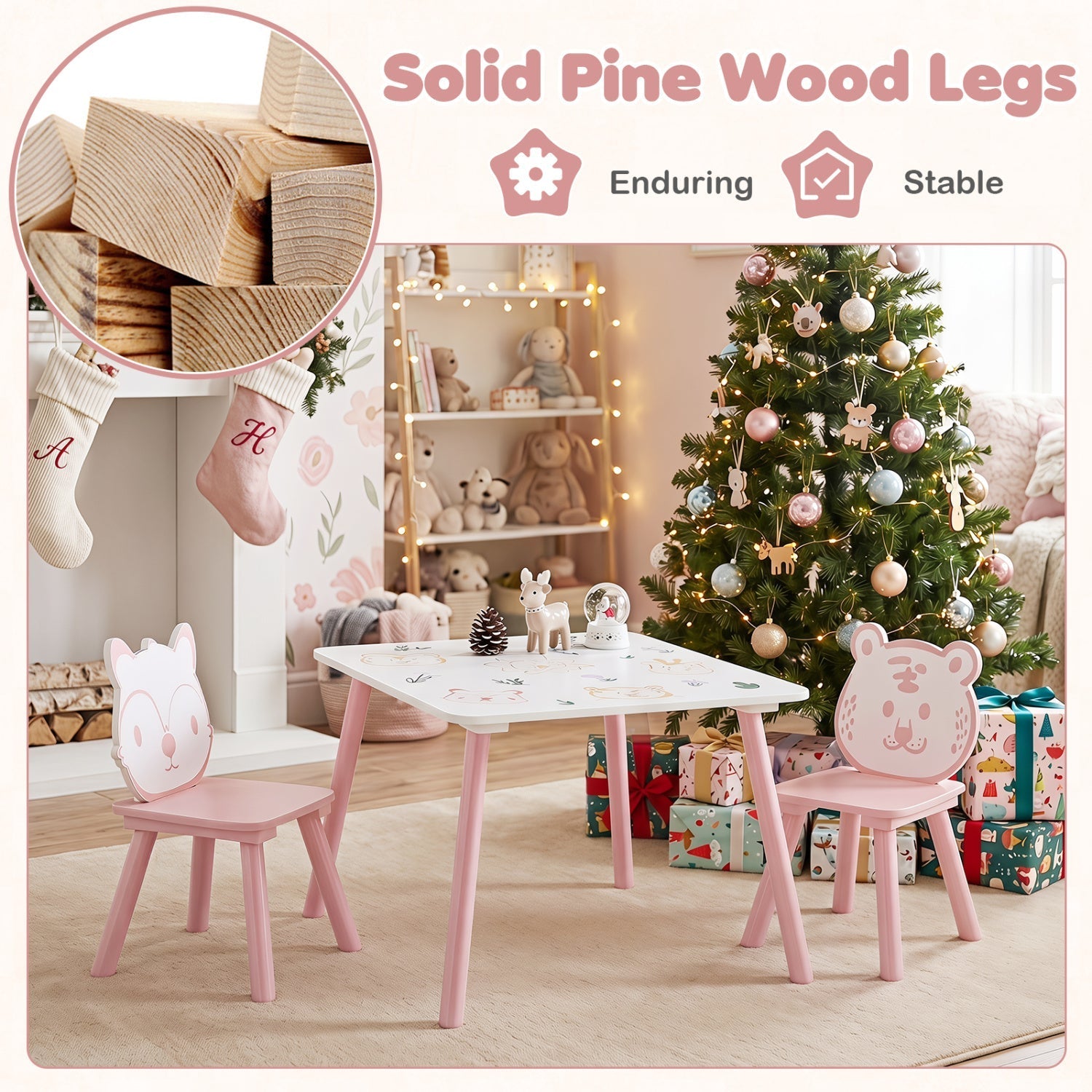 Kids Table and Chair Set with Animal Patterns, 3-Piece
