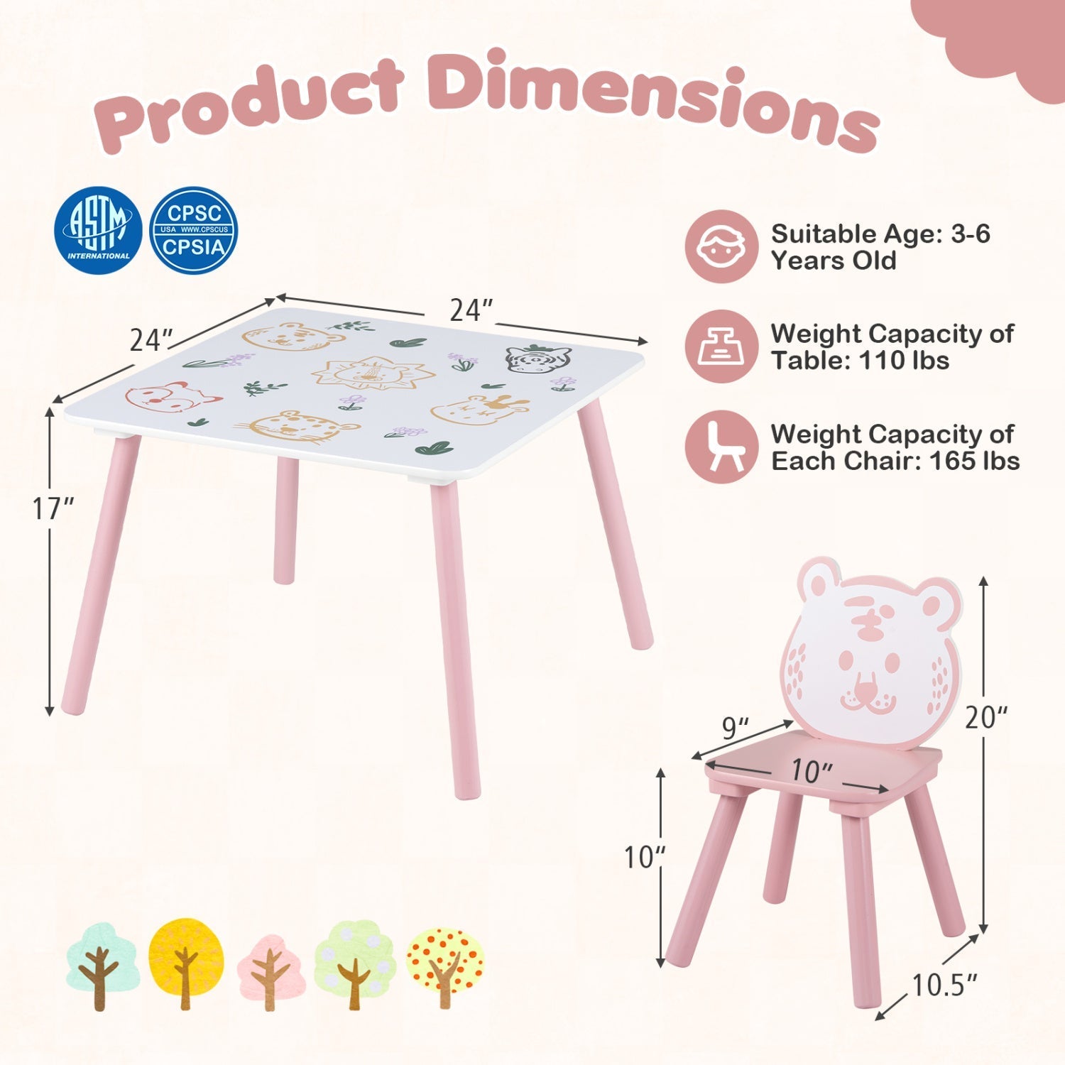 Kids Table and Chair Set with Animal Patterns, 3-Piece