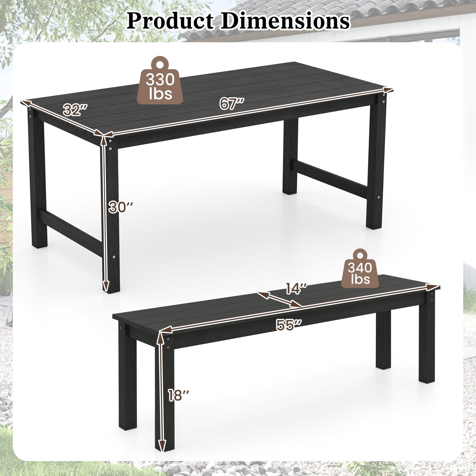 3 Pieces Outdoor Dining Table Set with 2 Benches
