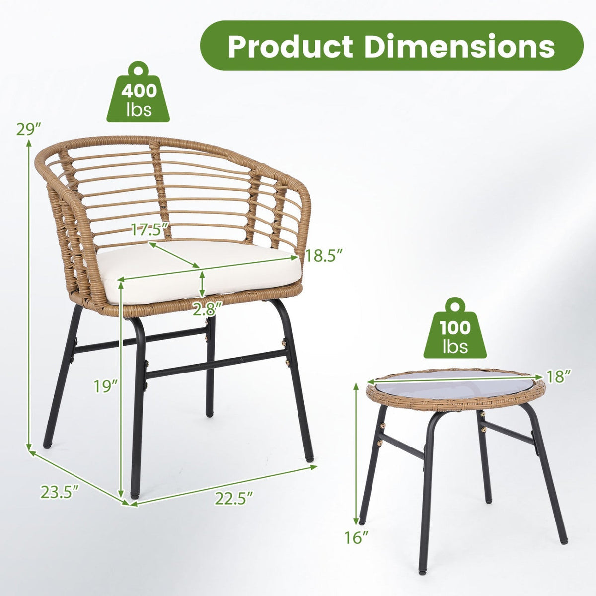3-Piece Patio Conversation Set with Cushions