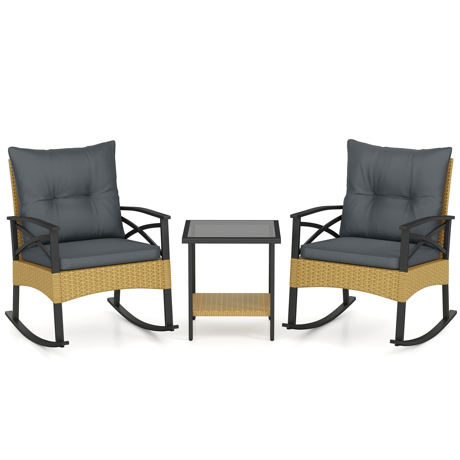3 Pieces Outdoor Rattan Rocking Chairs Set with 2-Tier Side Table for Garden Backyard
