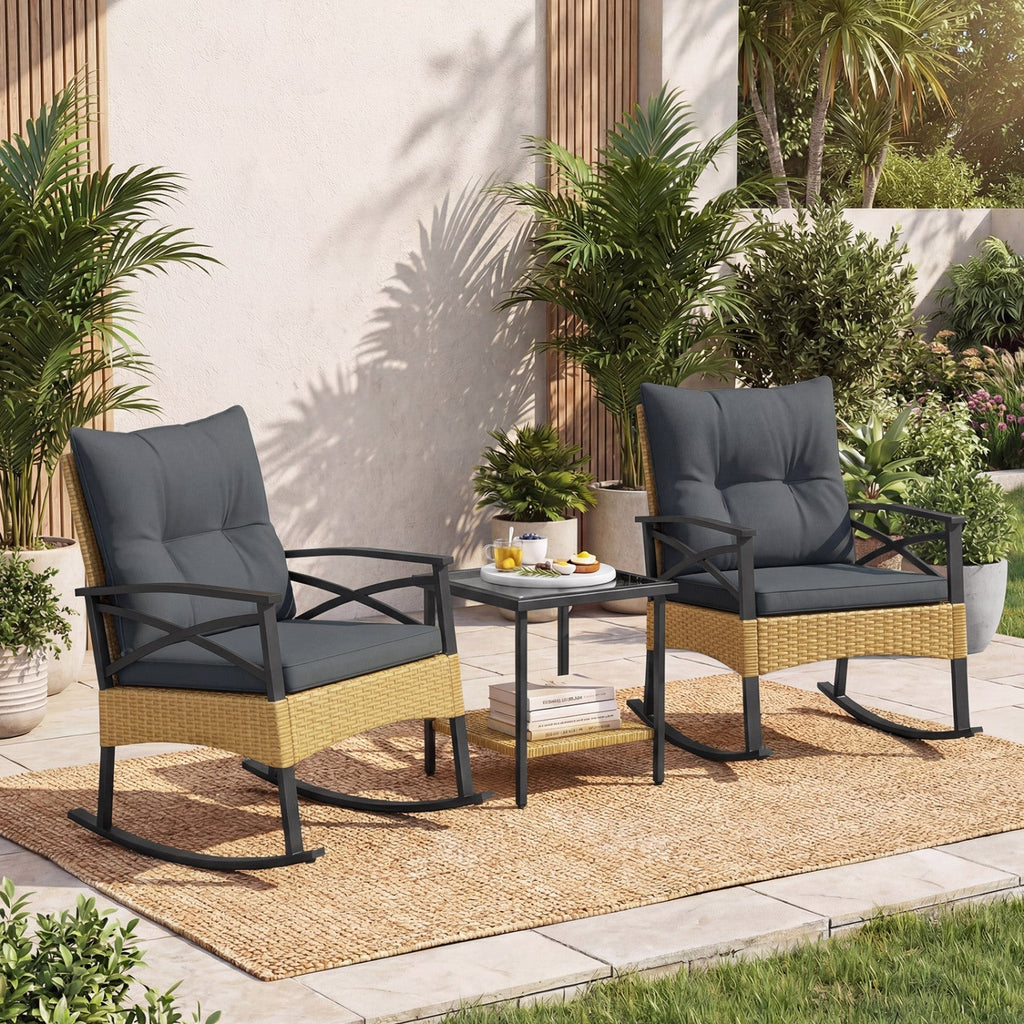3 Pieces Outdoor Rattan Rocking Chairs Set with 2-Tier Side Table for Garden Backyard