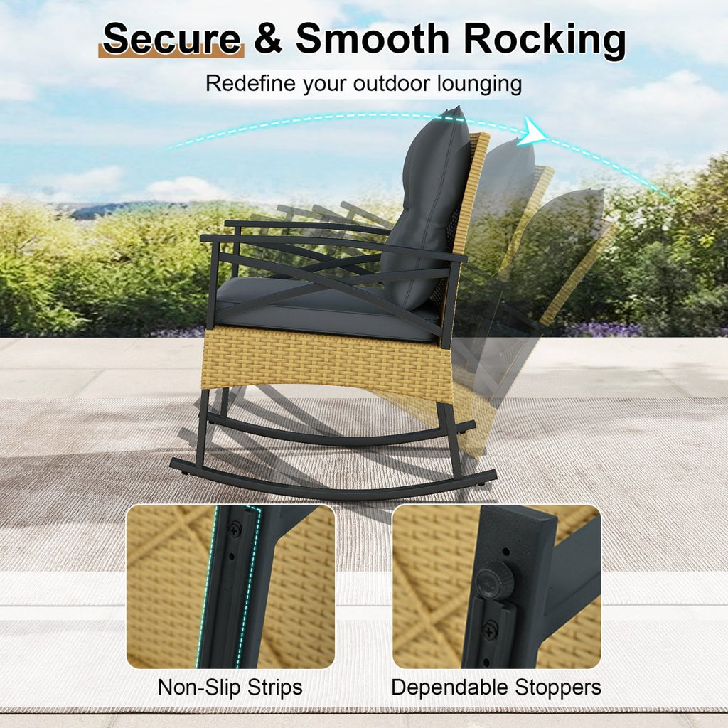 3 Pieces Outdoor Rattan Rocking Chairs Set with 2-Tier Side Table for Garden Backyard
