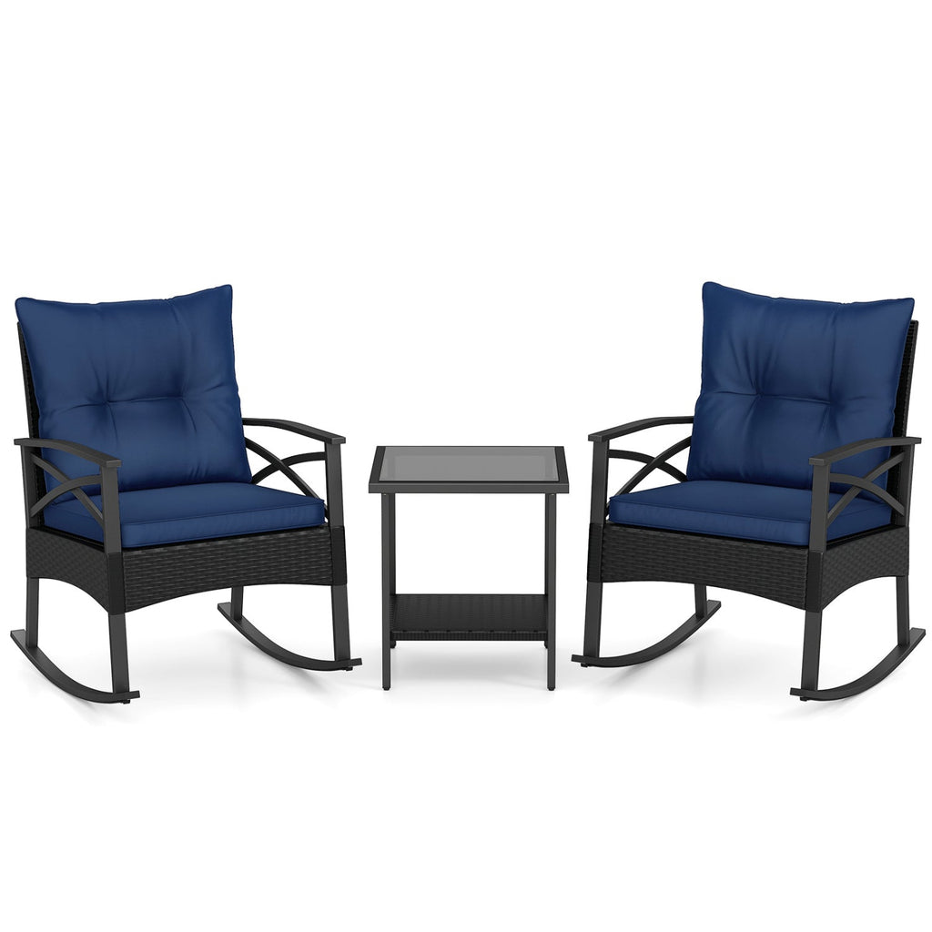 3 Pieces Outdoor Rattan Rocking Chairs Set with 2-Tier Side Table for Garden Backyard