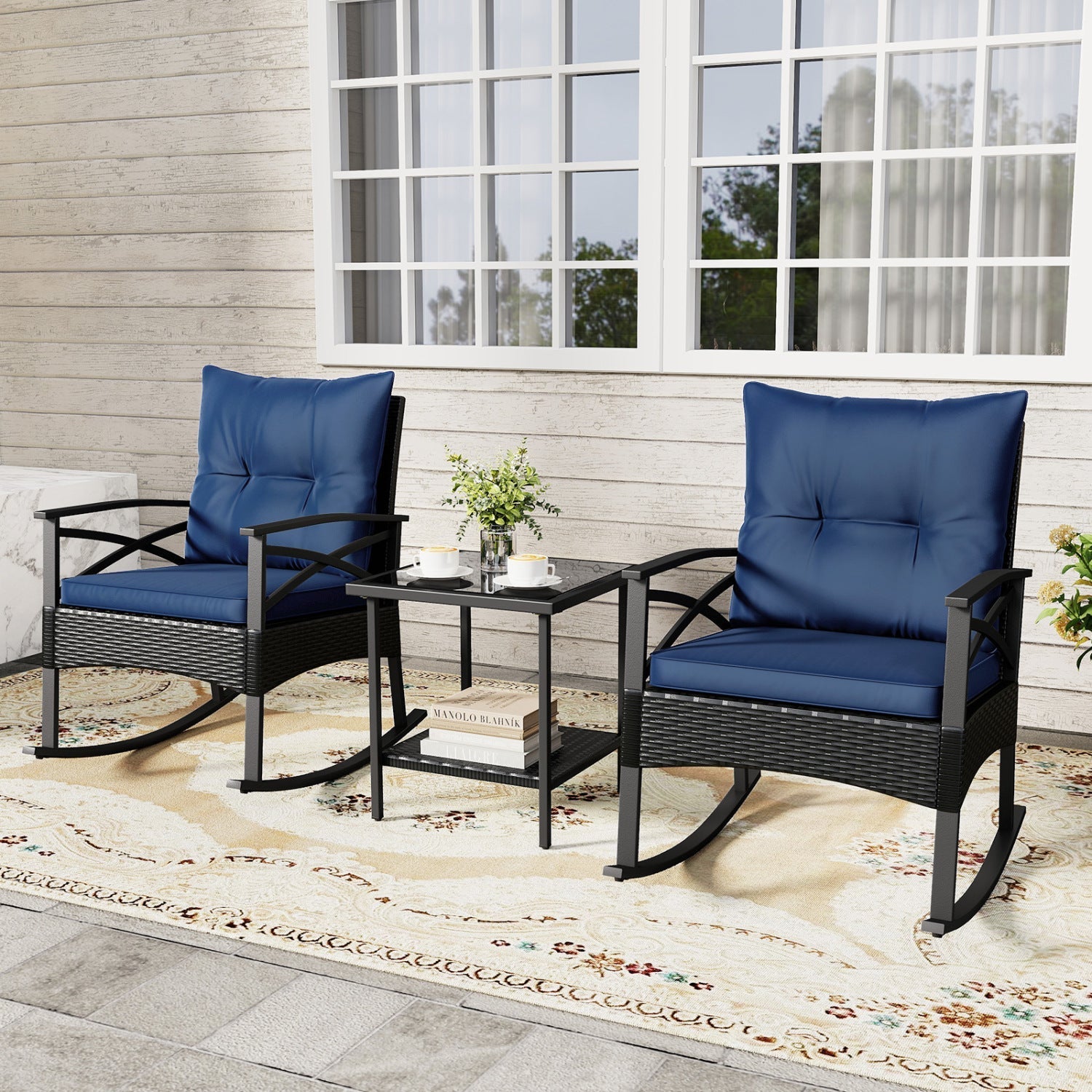 3 Pieces Outdoor Rattan Rocking Chairs Set with 2-Tier Side Table for Garden Backyard