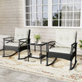 3 Pieces Outdoor Rattan Rocking Chairs Set with 2-Tier Side Table for Garden Backyard