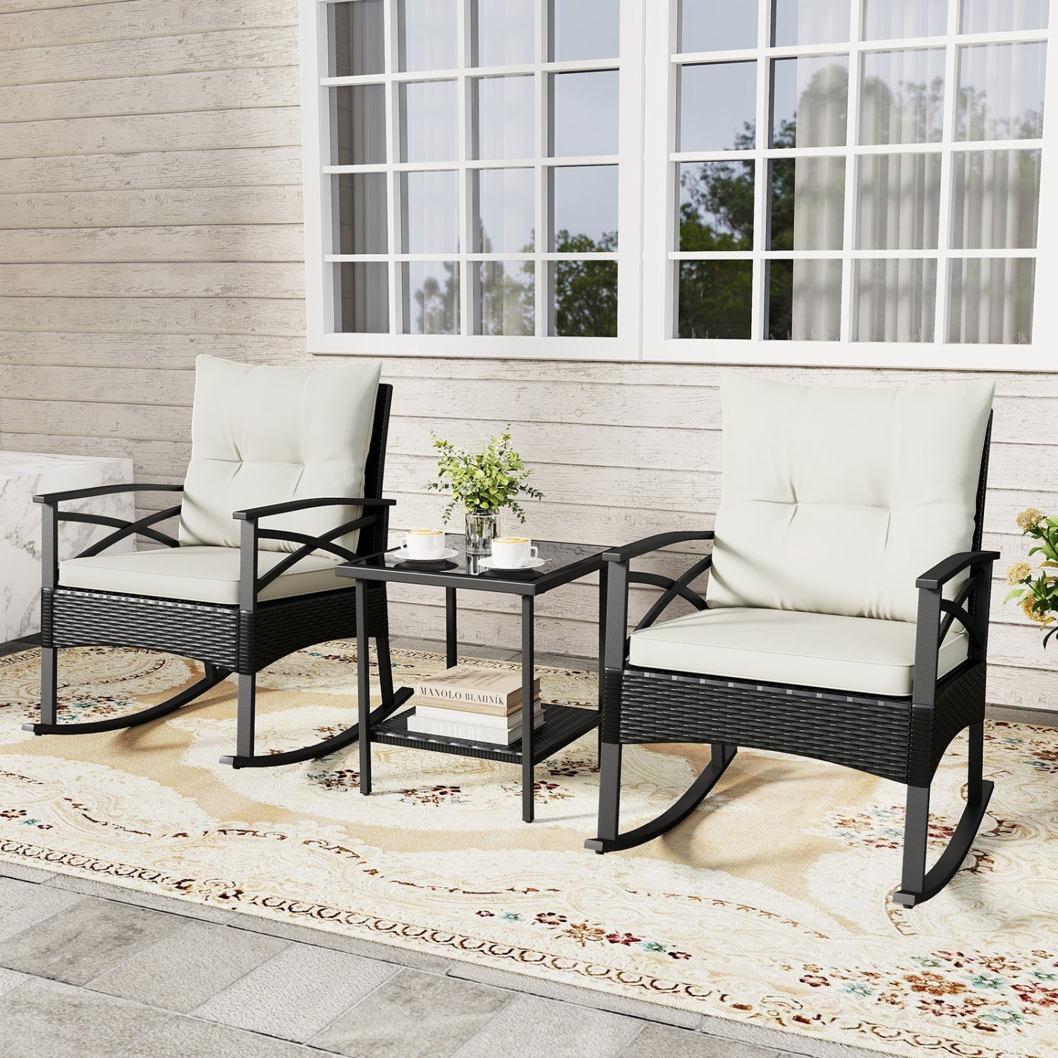 3 Pieces Outdoor Rattan Rocking Chairs Set with 2-Tier Side Table for Garden Backyard