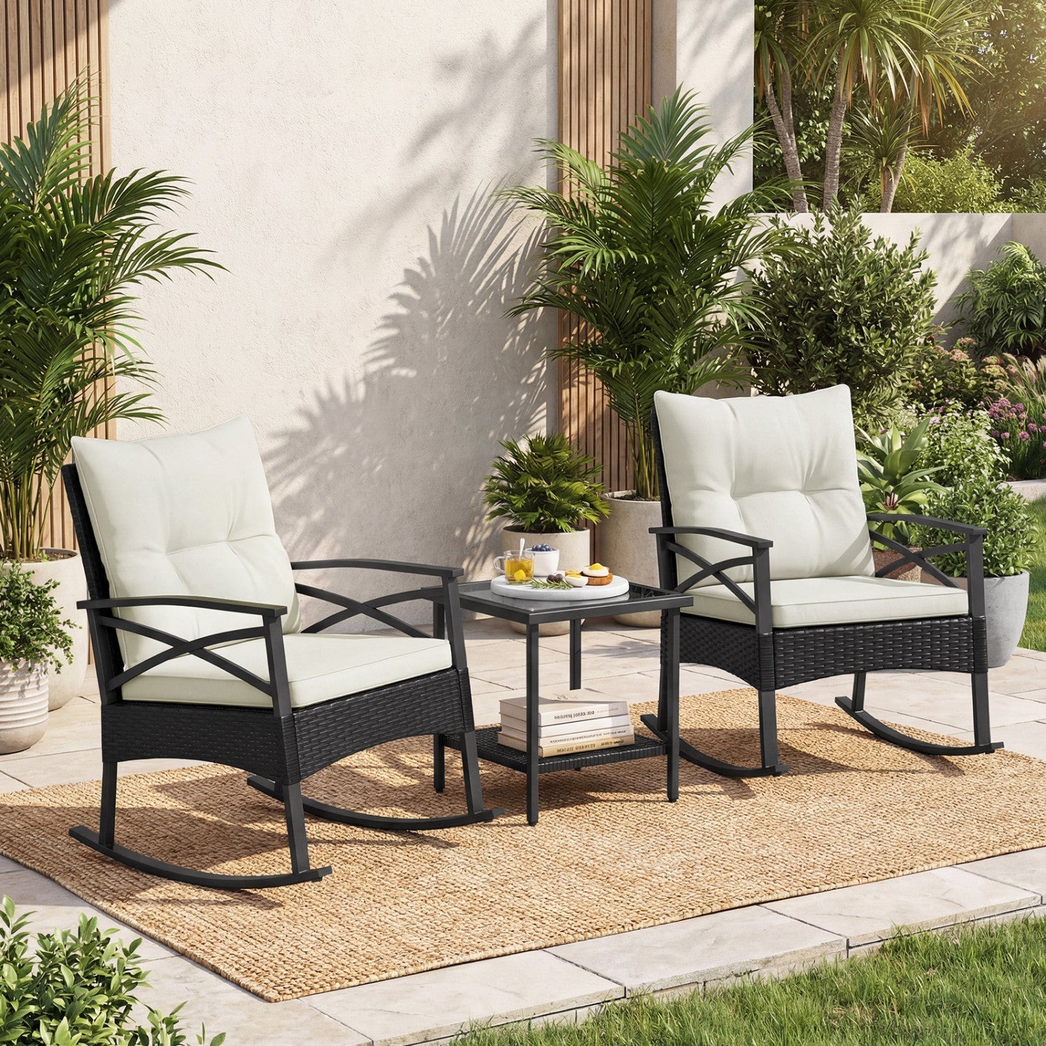 3 Pieces Outdoor Rattan Rocking Chairs Set with 2-Tier Side Table for Garden Backyard