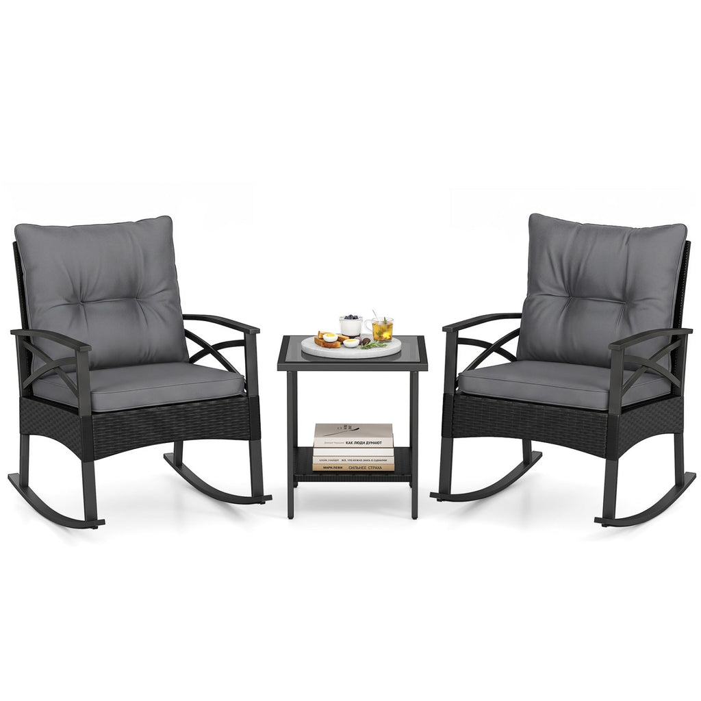 Outdoor Rattan Rocking Chair Set with Side Table - 3 Pieces