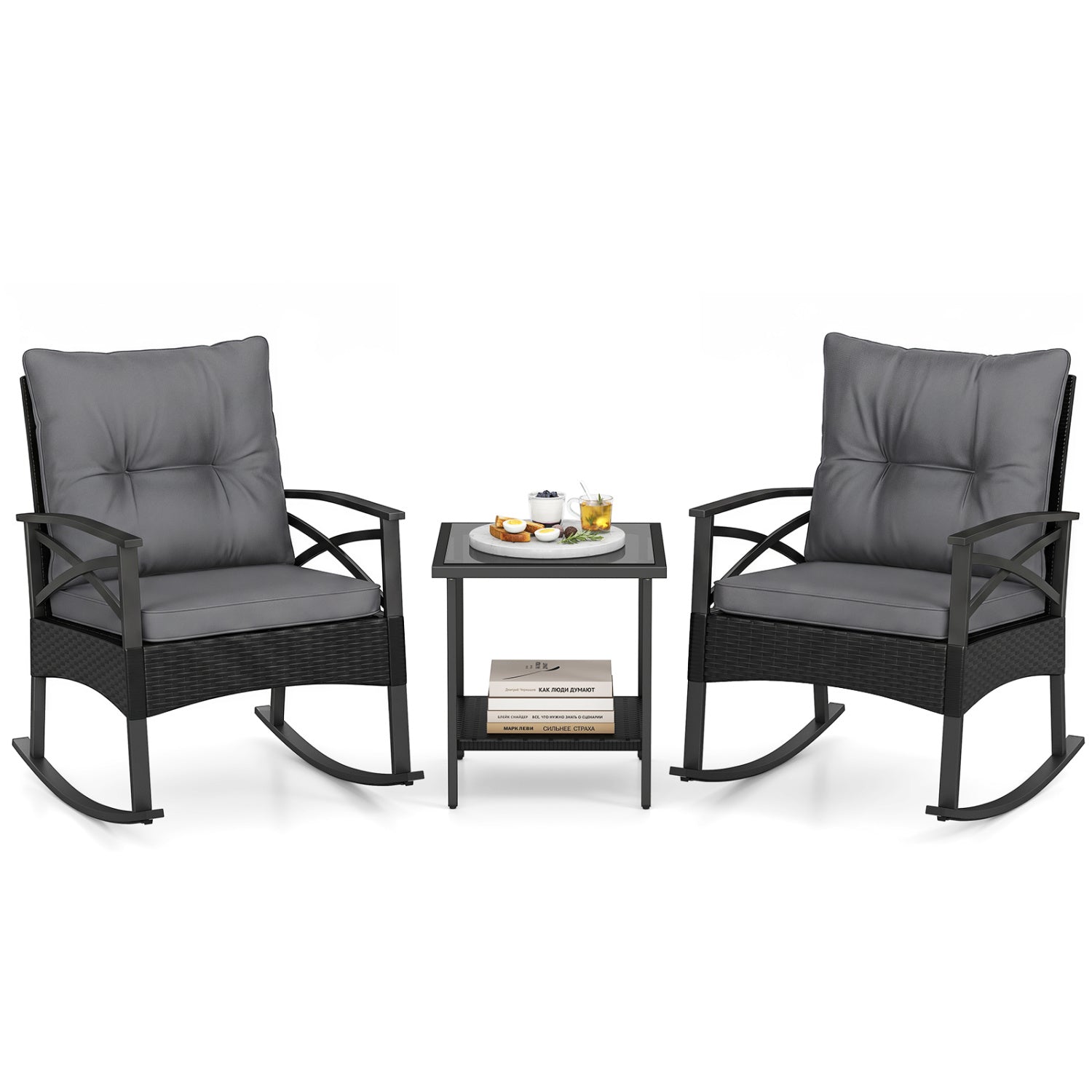 Outdoor Rattan Rocking Chair Set with Side Table - 3 Pieces