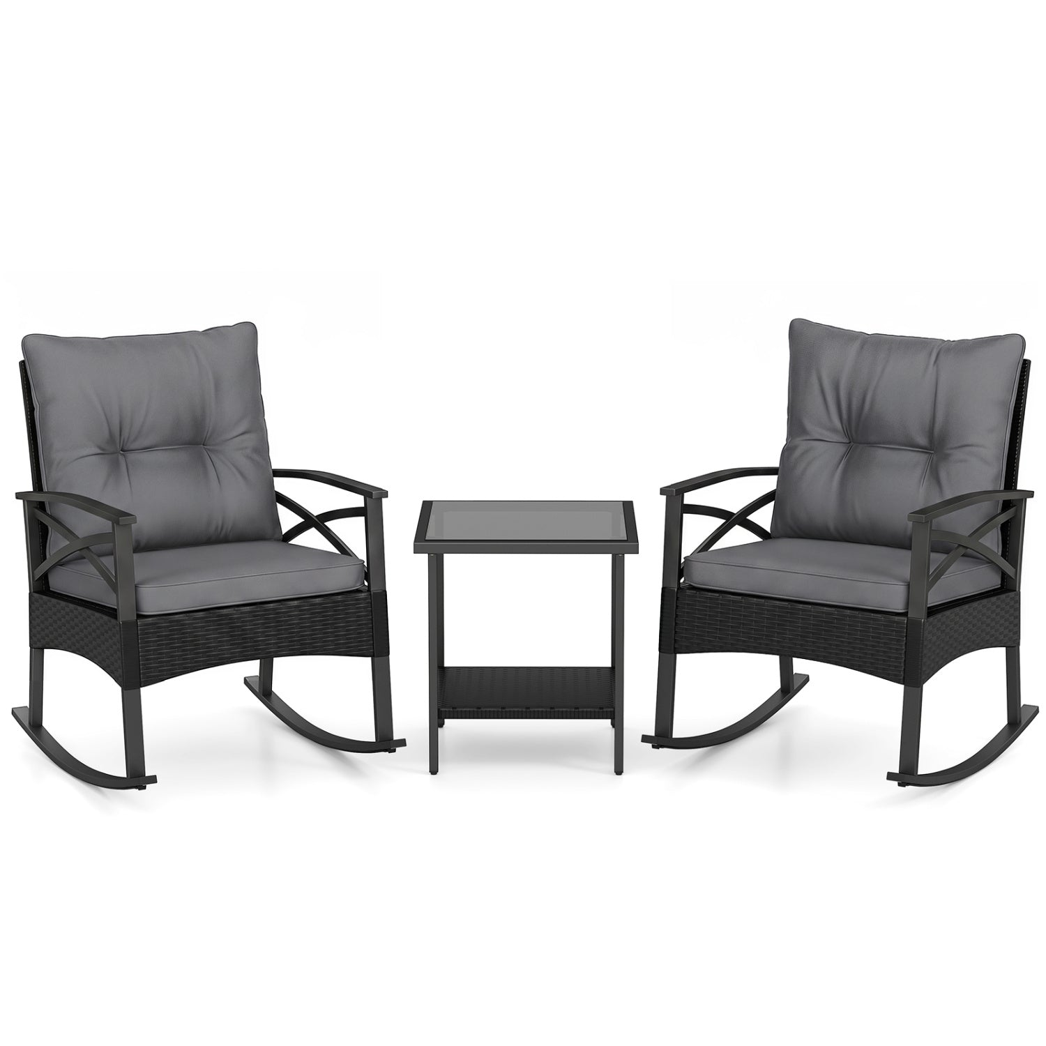 Outdoor Rattan Rocking Chair Set with Side Table - 3 Pieces