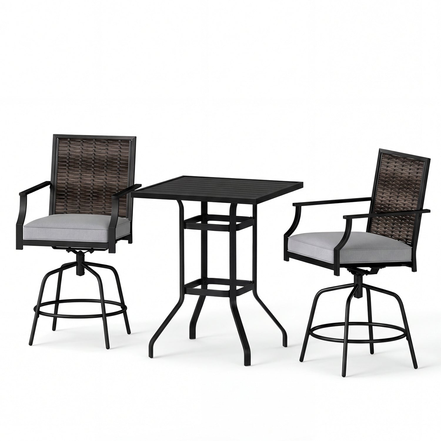 3 Pieces Outdoor Swivel Bar Set High Top Patio Bar Table and Rattan Wicker Chairs