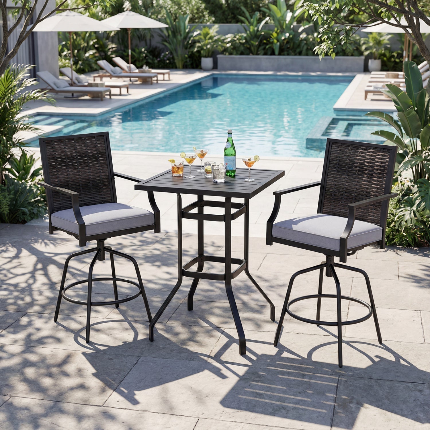 3 Pieces Outdoor Swivel Bar Set High Top Patio Bar Table and Rattan Wicker Chairs