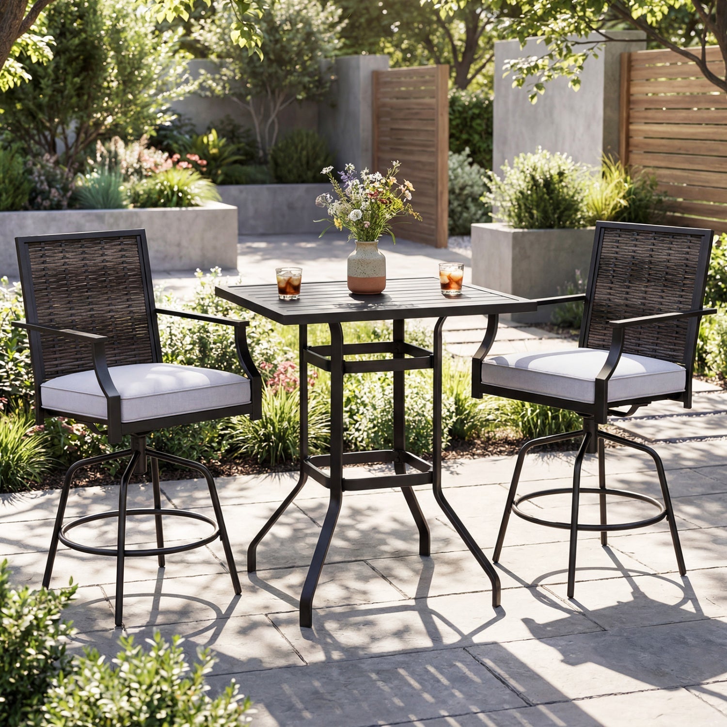 3 Pieces Outdoor Swivel Bar Set High Top Patio Bar Table and Rattan Wicker Chairs