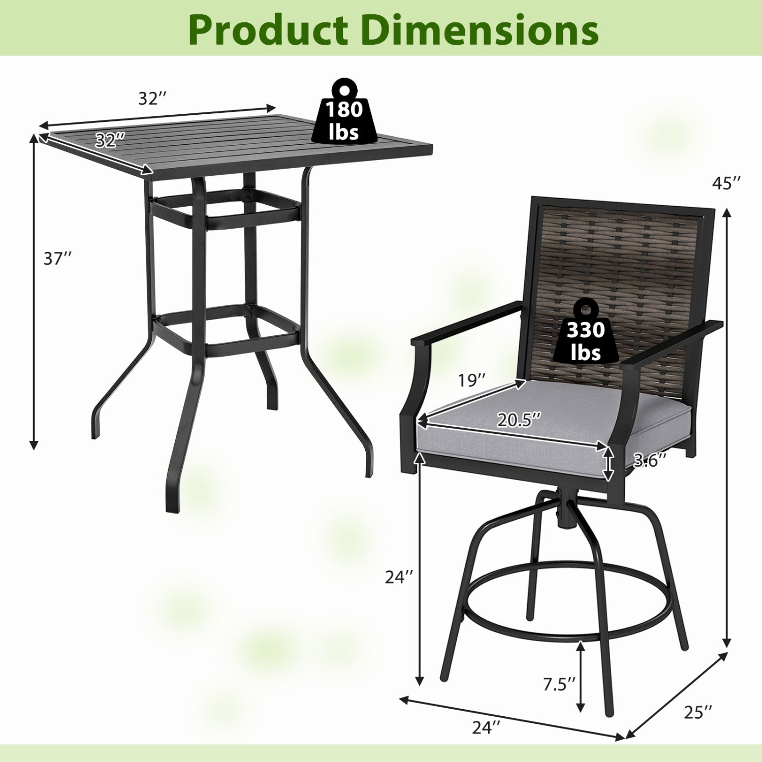 3 Pieces Outdoor Swivel Bar Set High Top Patio Bar Table and Rattan Wicker Chairs