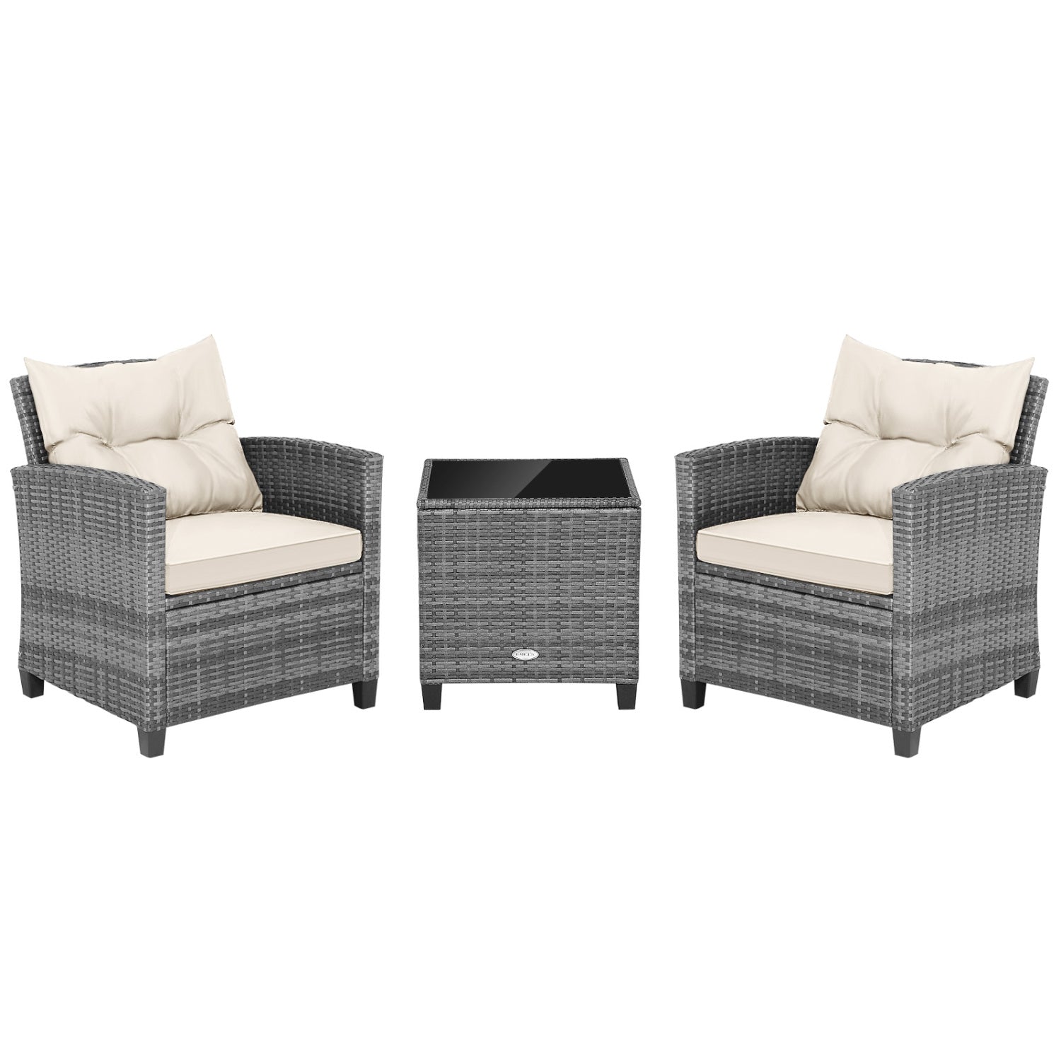 3 Pieces Outdoor Wicker Conversation Set with Tempered Glass Tabletop