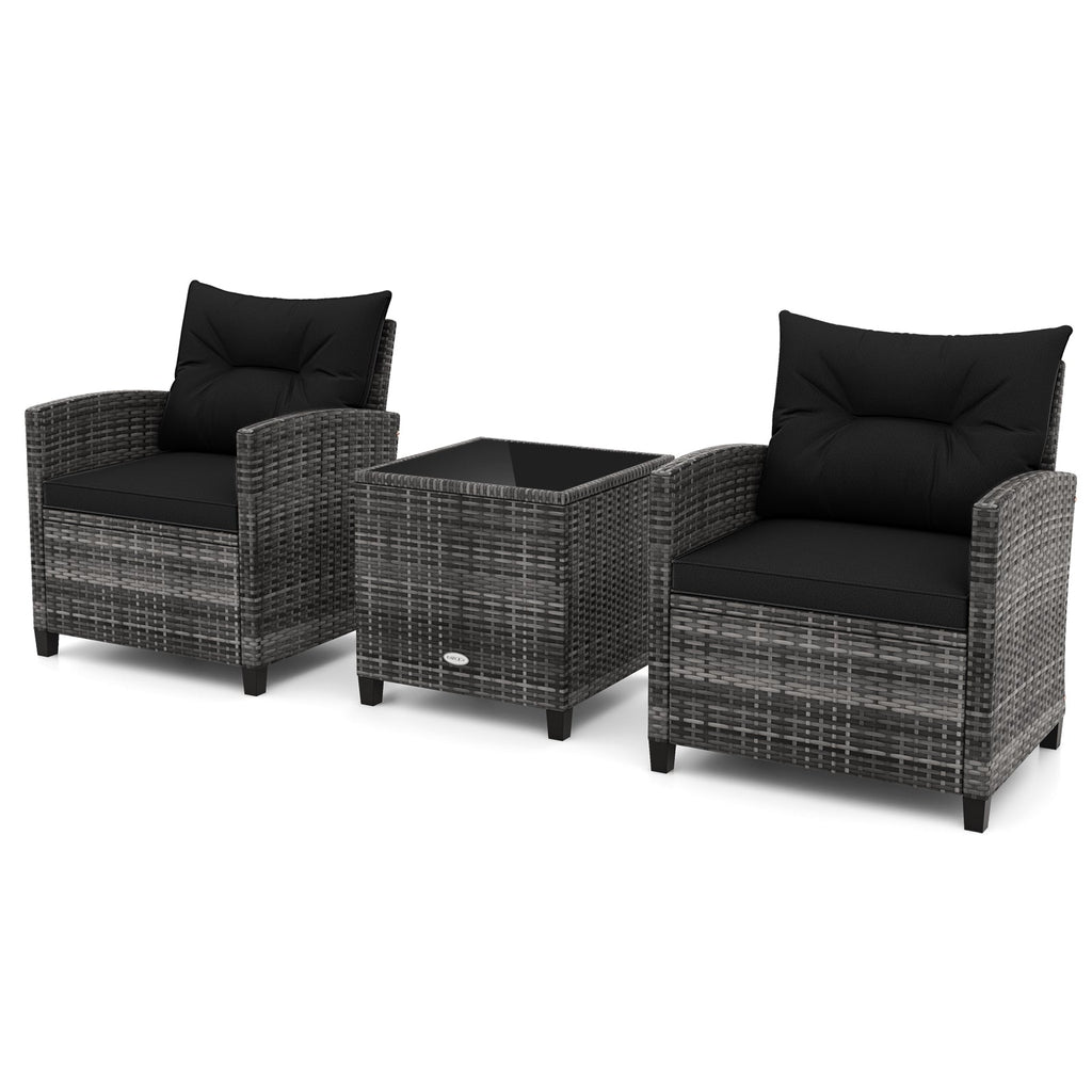 3 Pieces Outdoor Wicker Conversation Set with Tempered Glass Tabletop