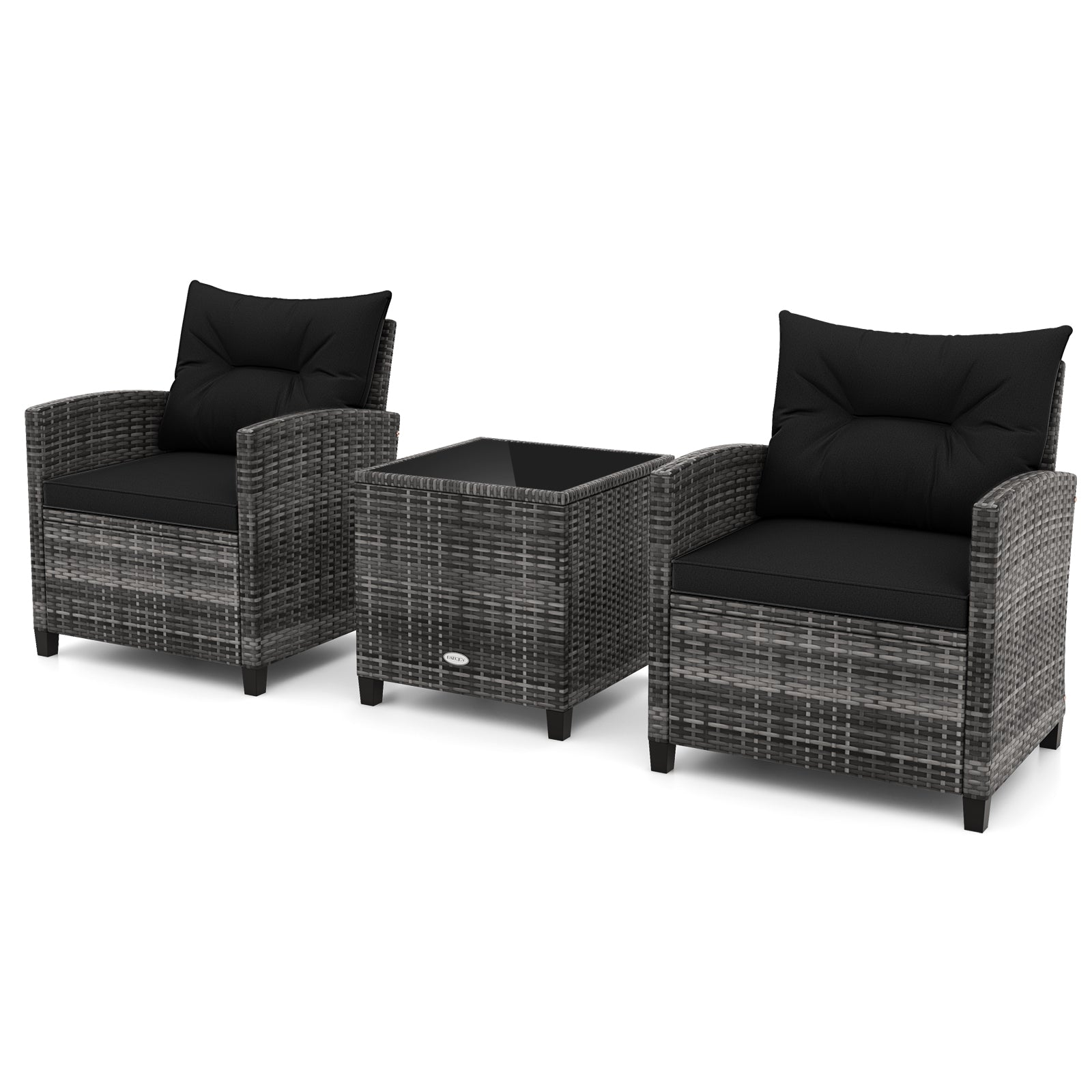 3 Pieces Outdoor Wicker Conversation Set with Tempered Glass Tabletop