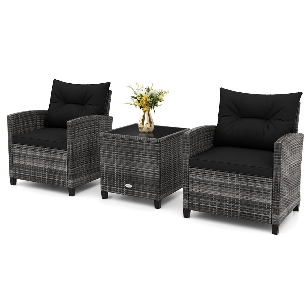 3 Pieces Outdoor Wicker Conversation Set with Tempered Glass Tabletop