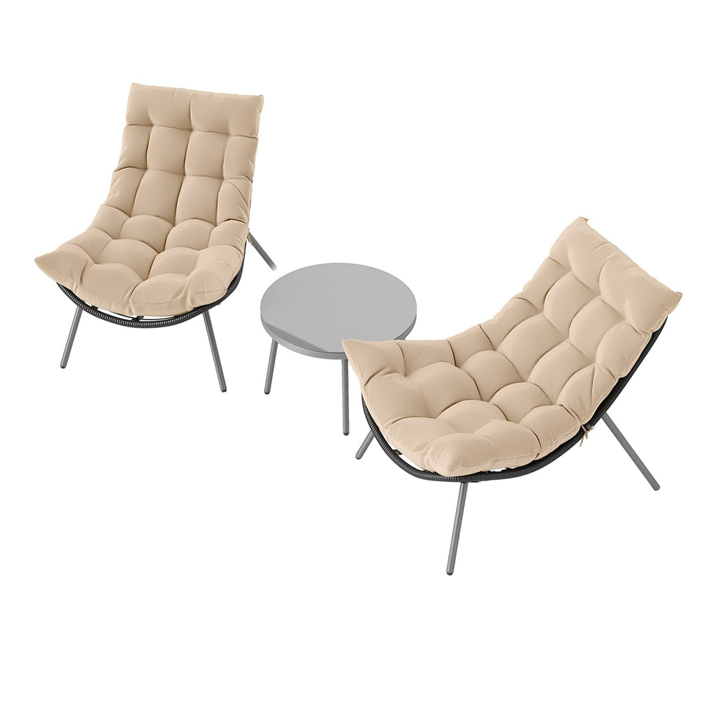 3 Pieces PE Rattan Conversation Set with Cushioned Papasan Chairs-Beige