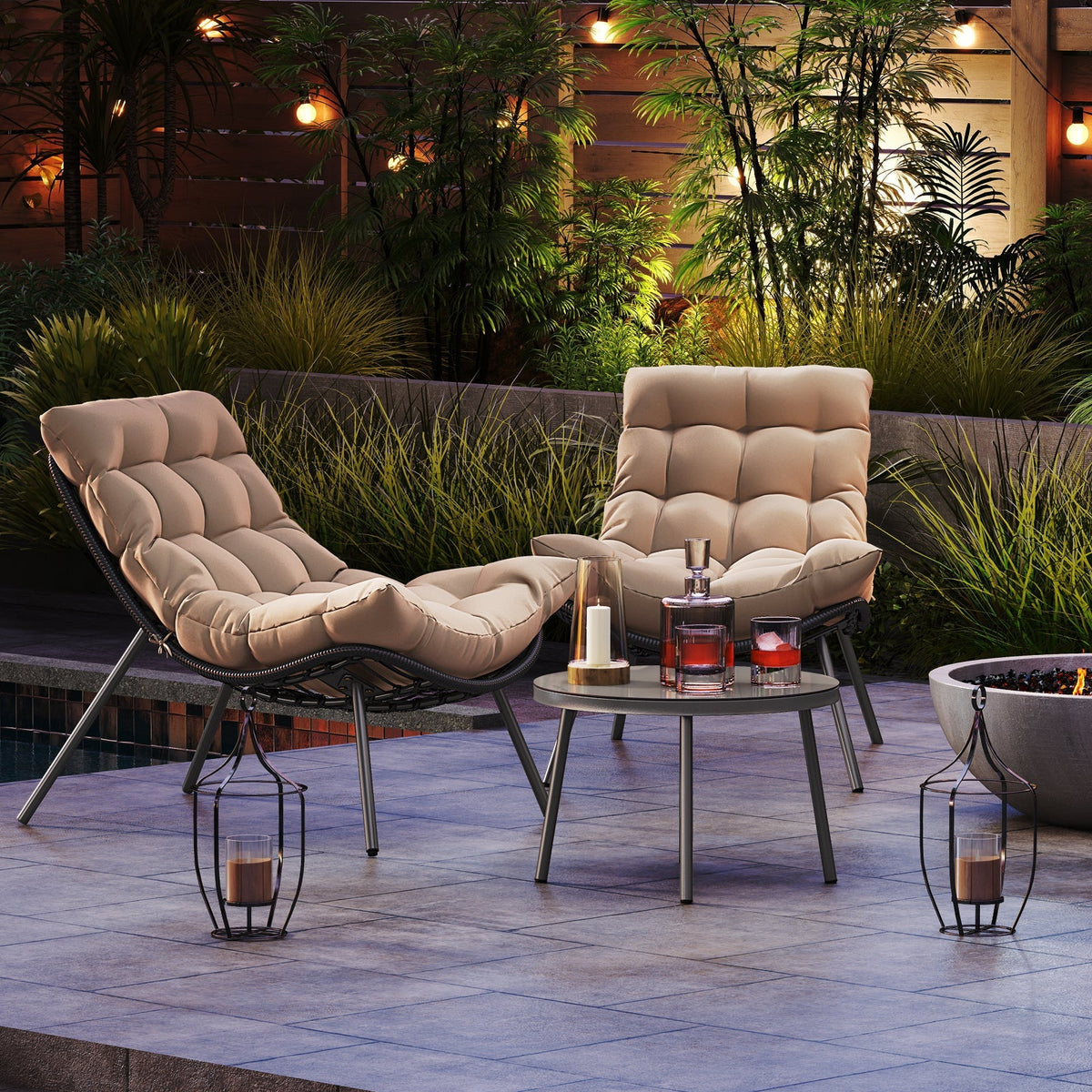 3 Pieces PE Rattan Conversation Set with Cushioned Papasan Chairs-Beige