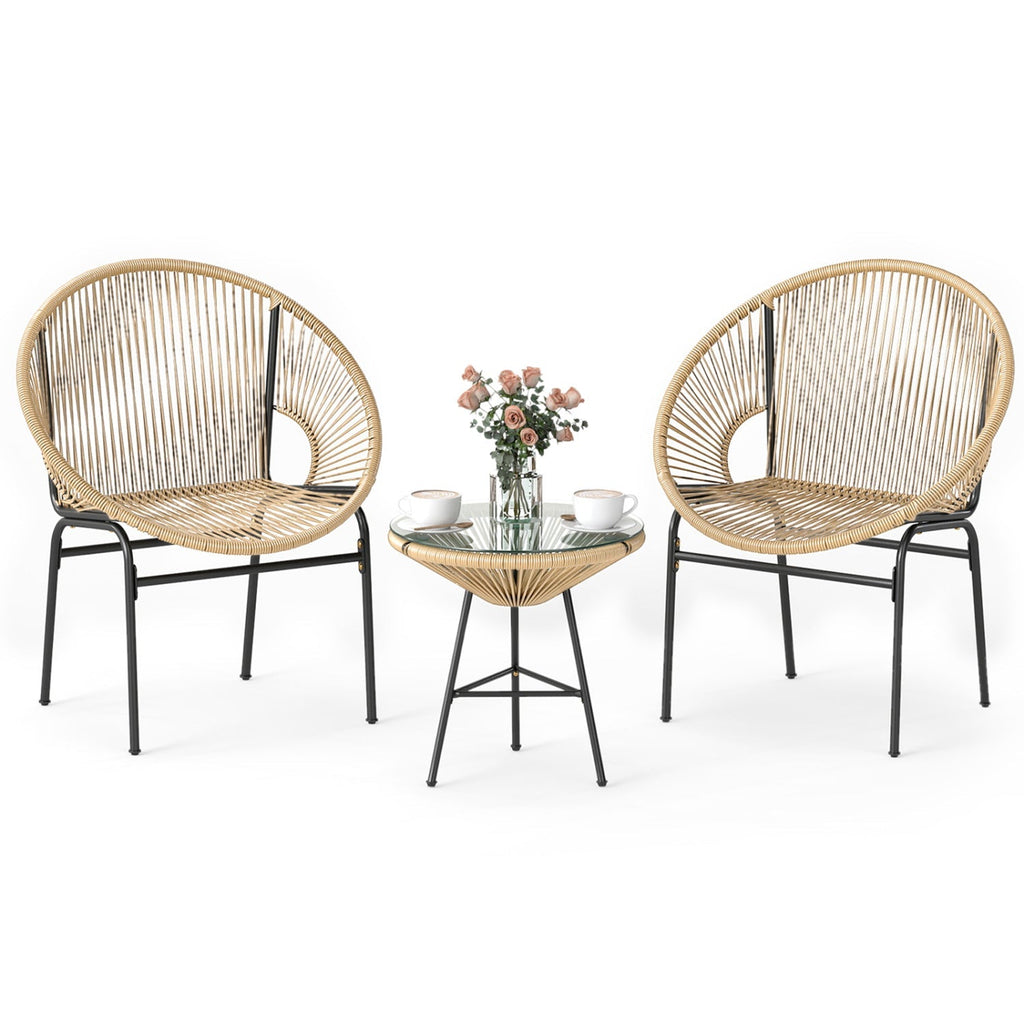 3PCS Patio Acapulco Furniture Bistro Set with GlassTable-Black