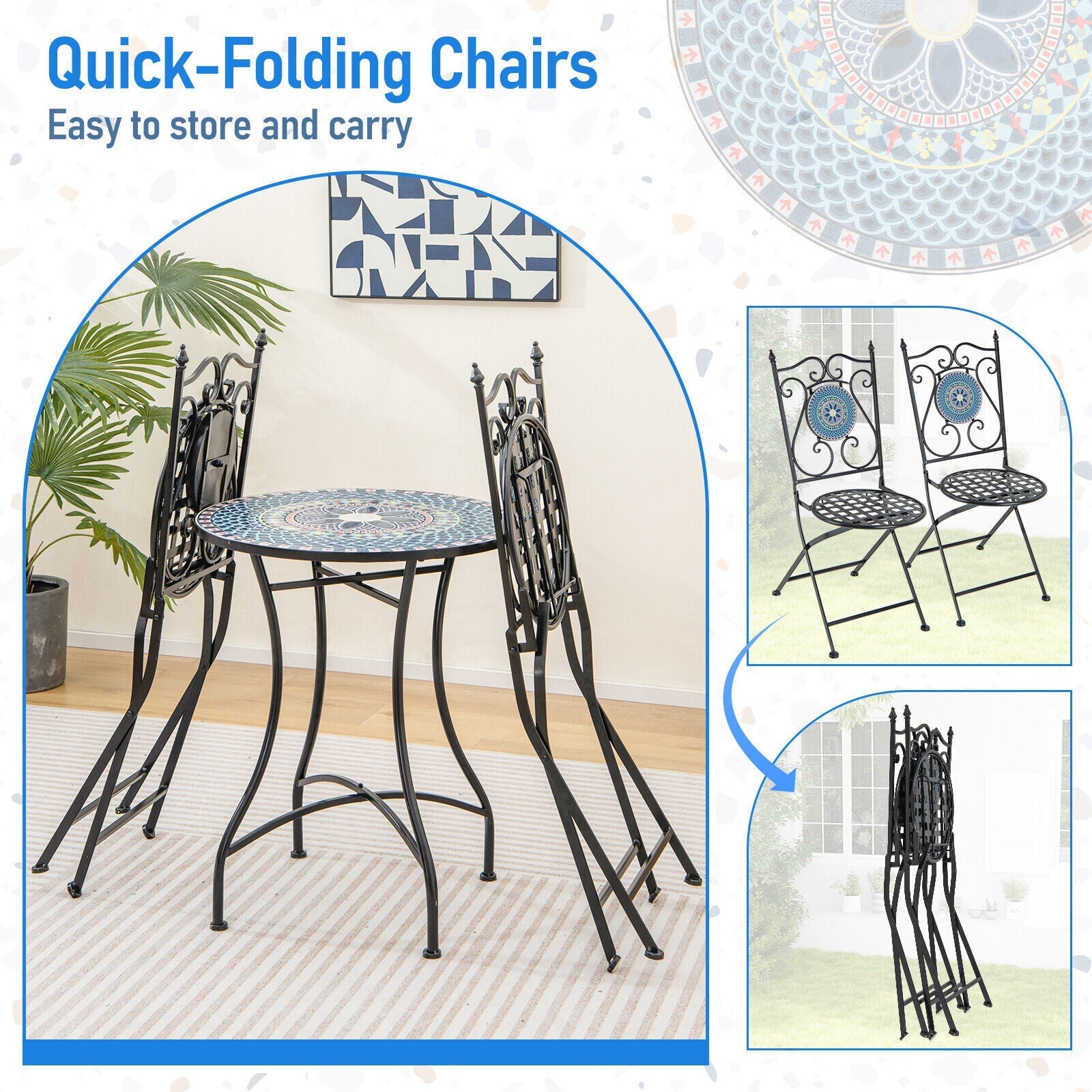 3 Piece Patio Bistro Set with Mosaic Pattern