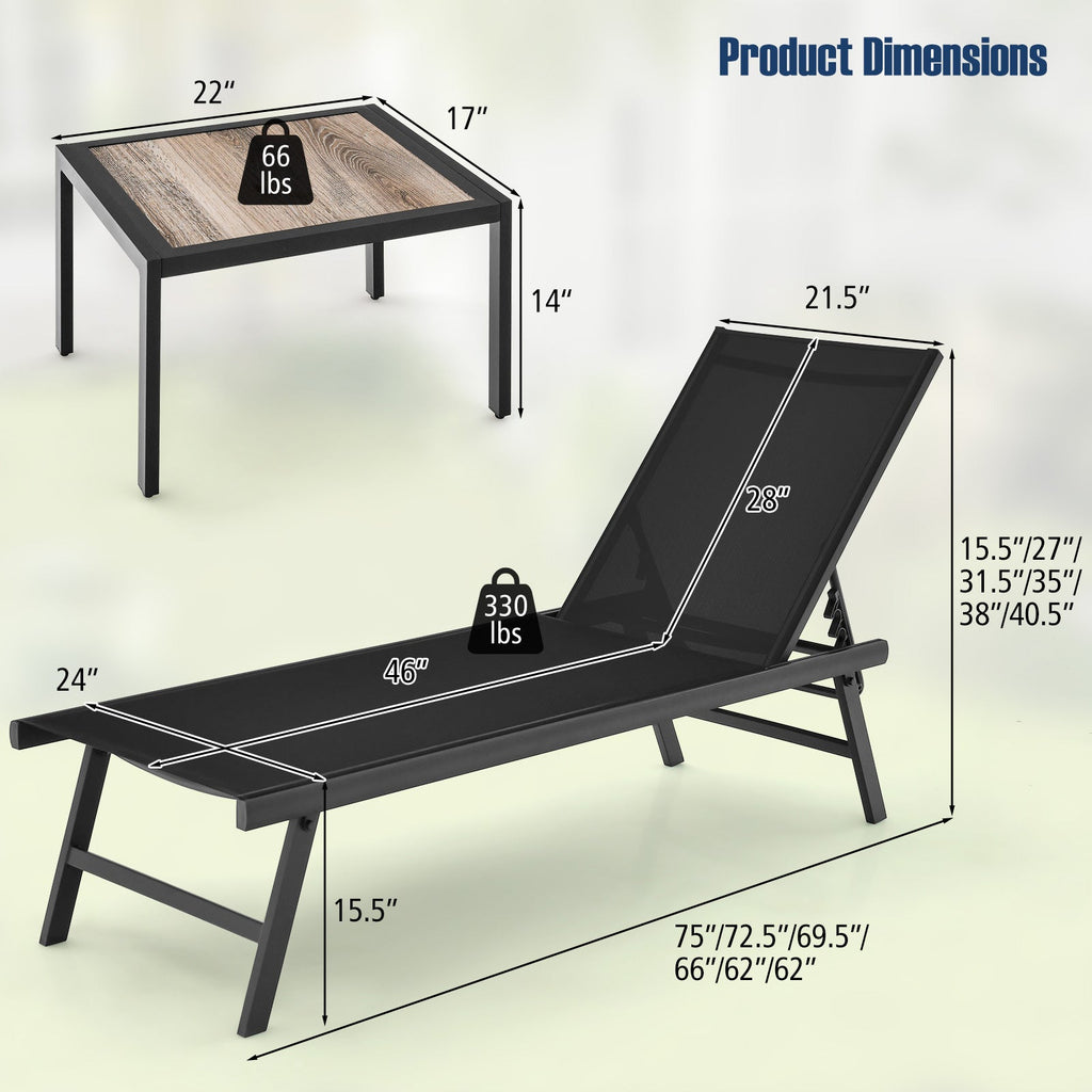 3 Pieces Patio Chaise Lounge Chair and Table Set for Poolside Yard