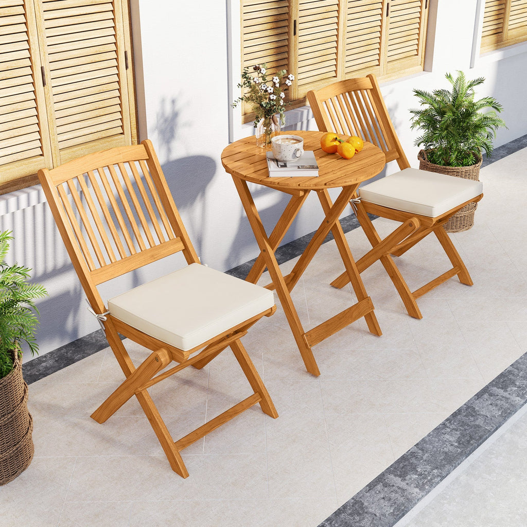 3 Pieces Acacia Wood Patio Folding Bistro Set with Soft Cushions