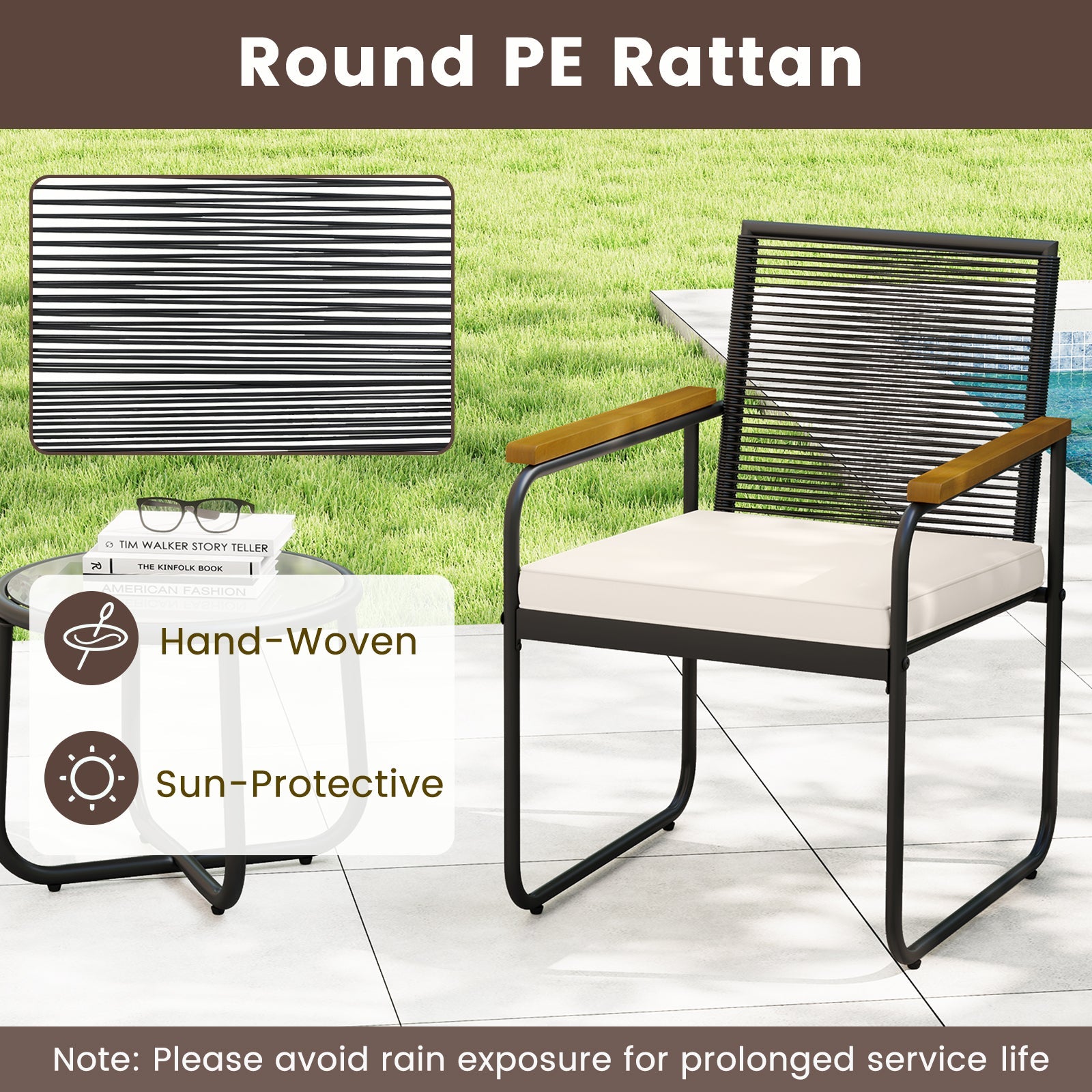 3 Pieces Patio Furniture Set PE Rattan Porch Chairs with Round Tempered Glass Top Table-White