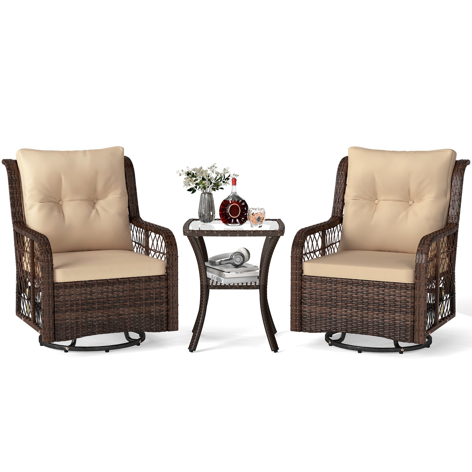3 Pieces Patio Furniture Set PE Wicker Swivel Glider Chairs with 2-Tier Side Table and Cushions