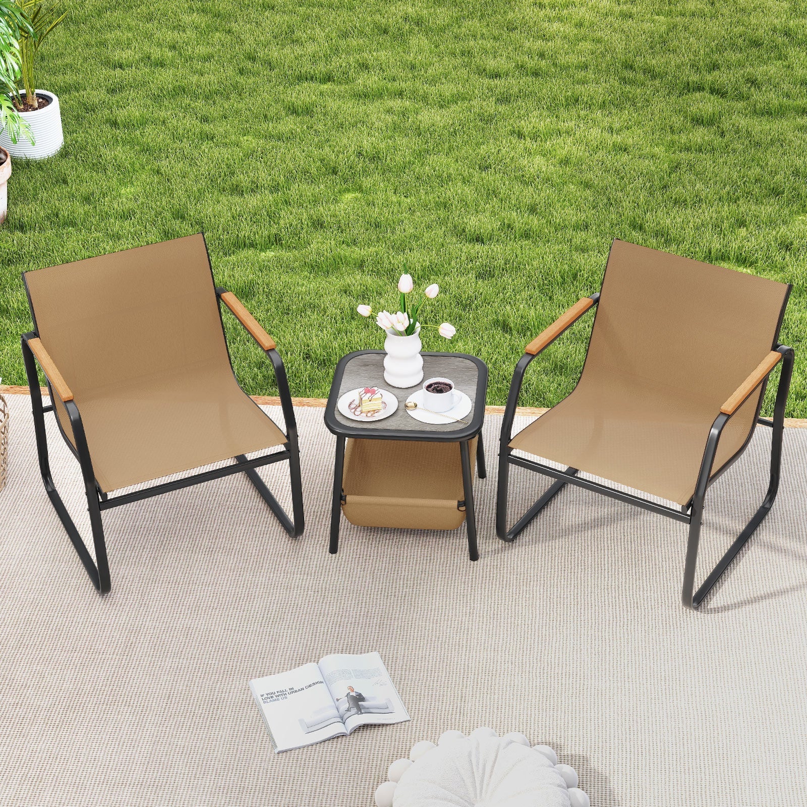 3 Pieces Patio Furniture Set Outdoor Bistro Conversation Set-Brown
