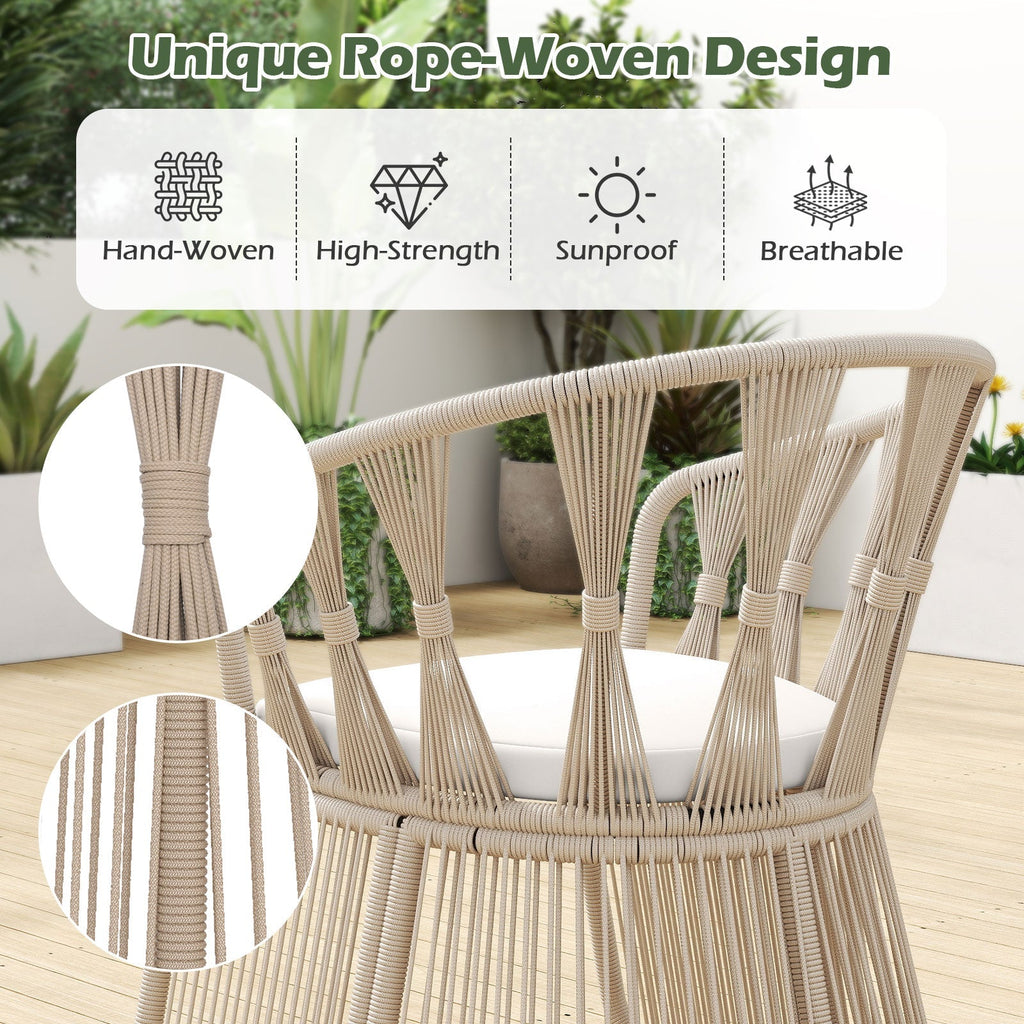 3 Pieces Patio Leisure Chair Set with Rope-Woven Armchairs and Seat Cushions-Off White