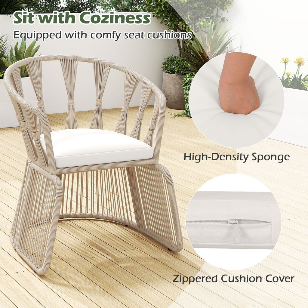 3 Pieces Patio Leisure Chair Set with Rope-Woven Armchairs and Seat Cushions-Off White