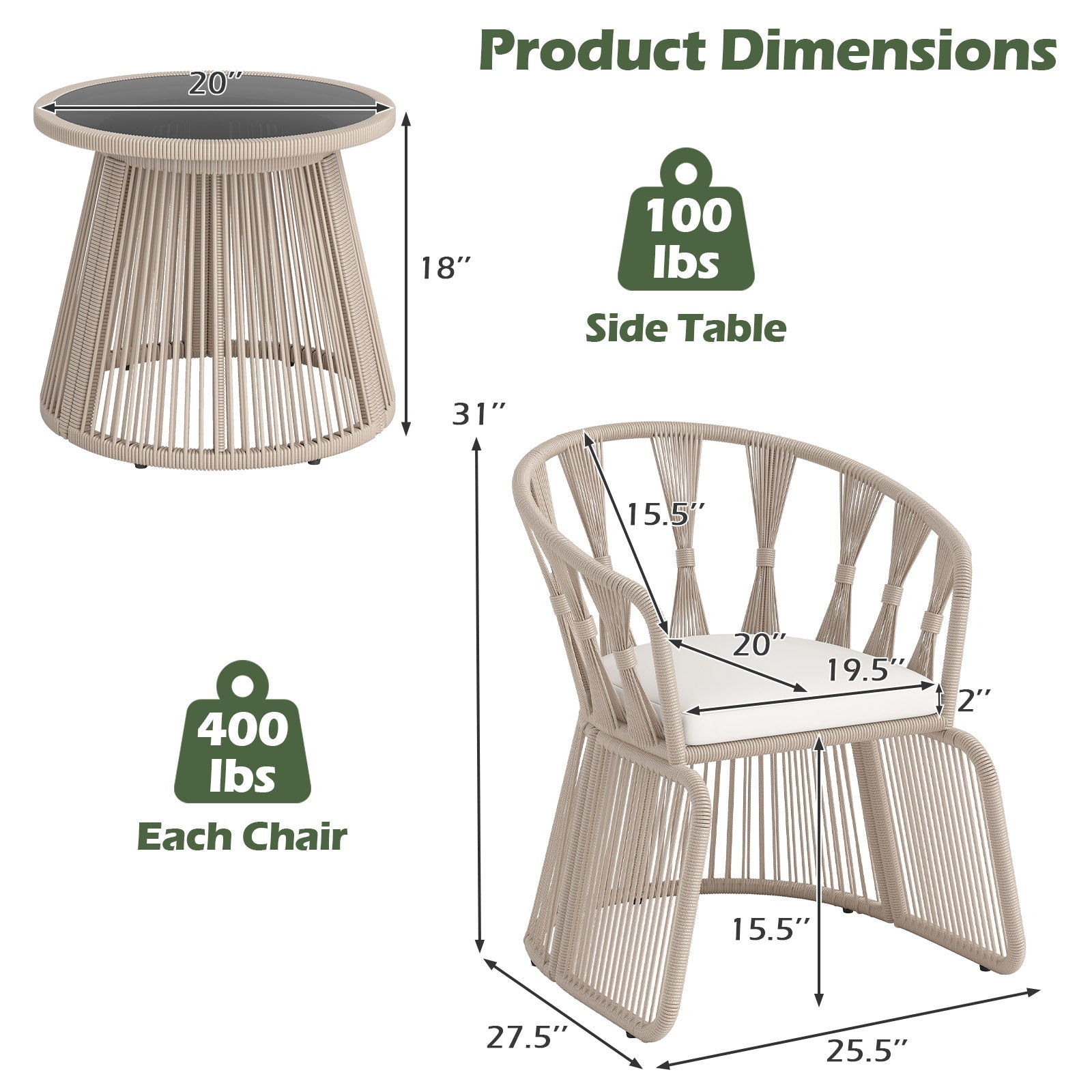 3 Pieces Patio Leisure Chair Set with Rope-Woven Armchairs and Seat Cushions-Off White