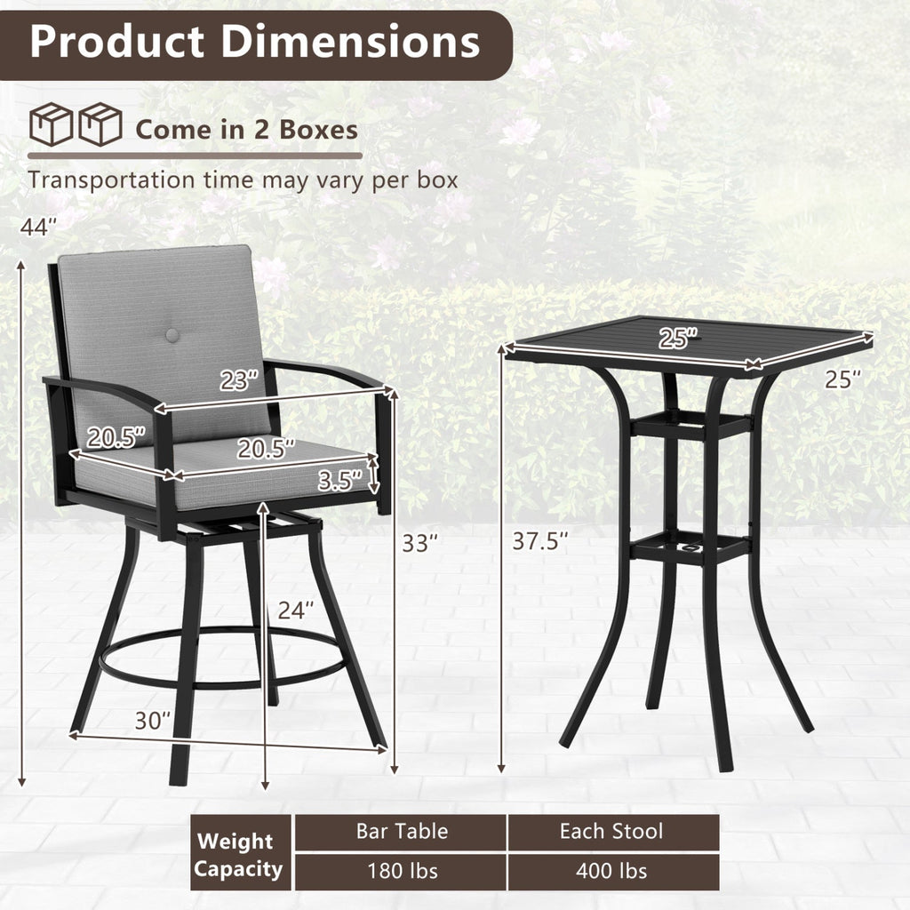 3-Piece Patio Swivel Bar Set with Cushions & Umbrella Hole