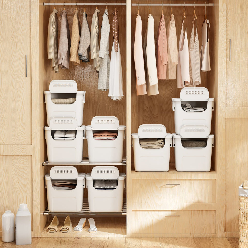 3 Pieces Plastic Storage Bins Stackable with Front Door and Side Handles-White