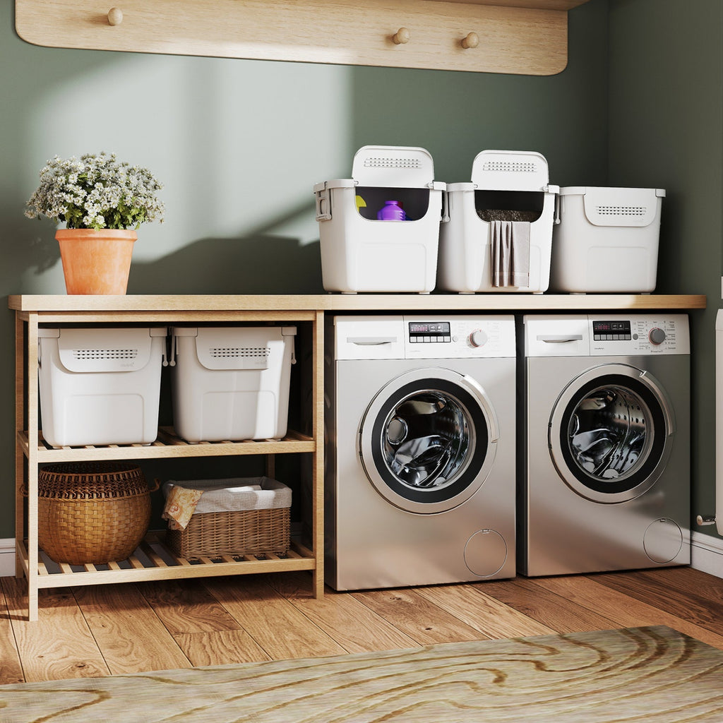 3 Pieces Plastic Storage Bins Stackable with Front Door and Side Handles-White