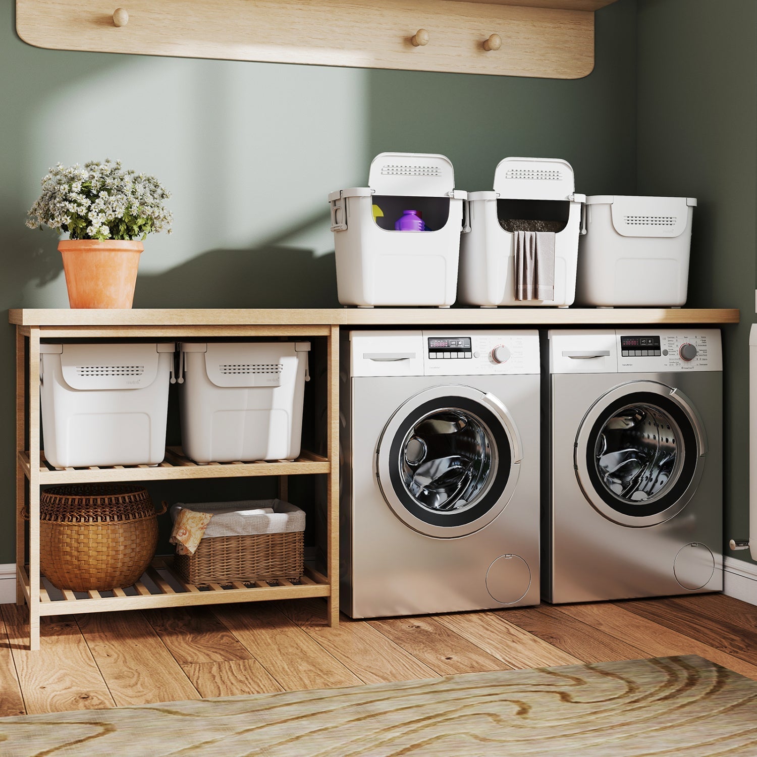 3 Pieces Plastic Storage Bins Stackable with Front Door and Side Handles-White