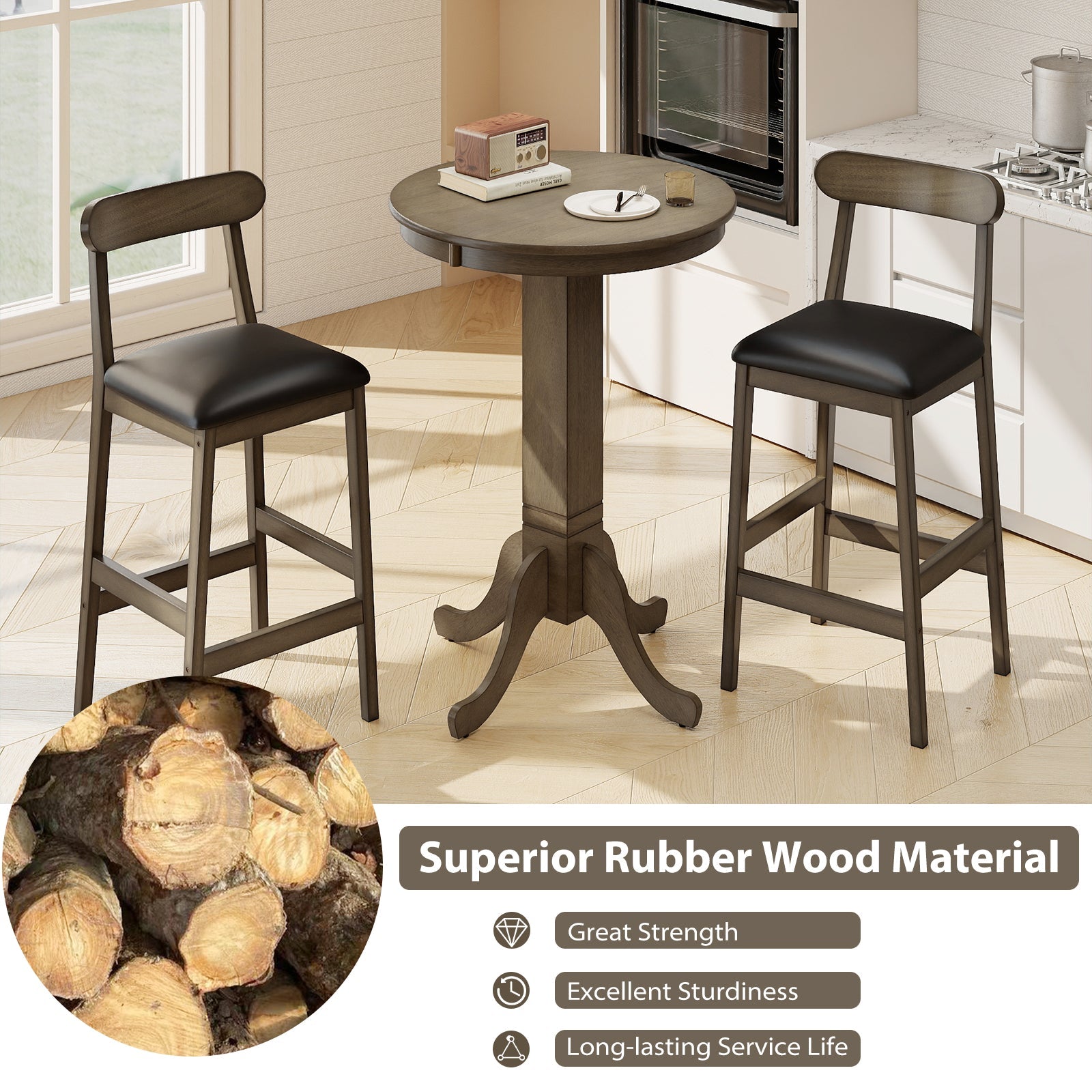 3 Pieces Wood Bar Table Set for 2 Round Pub Table with Pedestal Base and 2 Armless Stools
